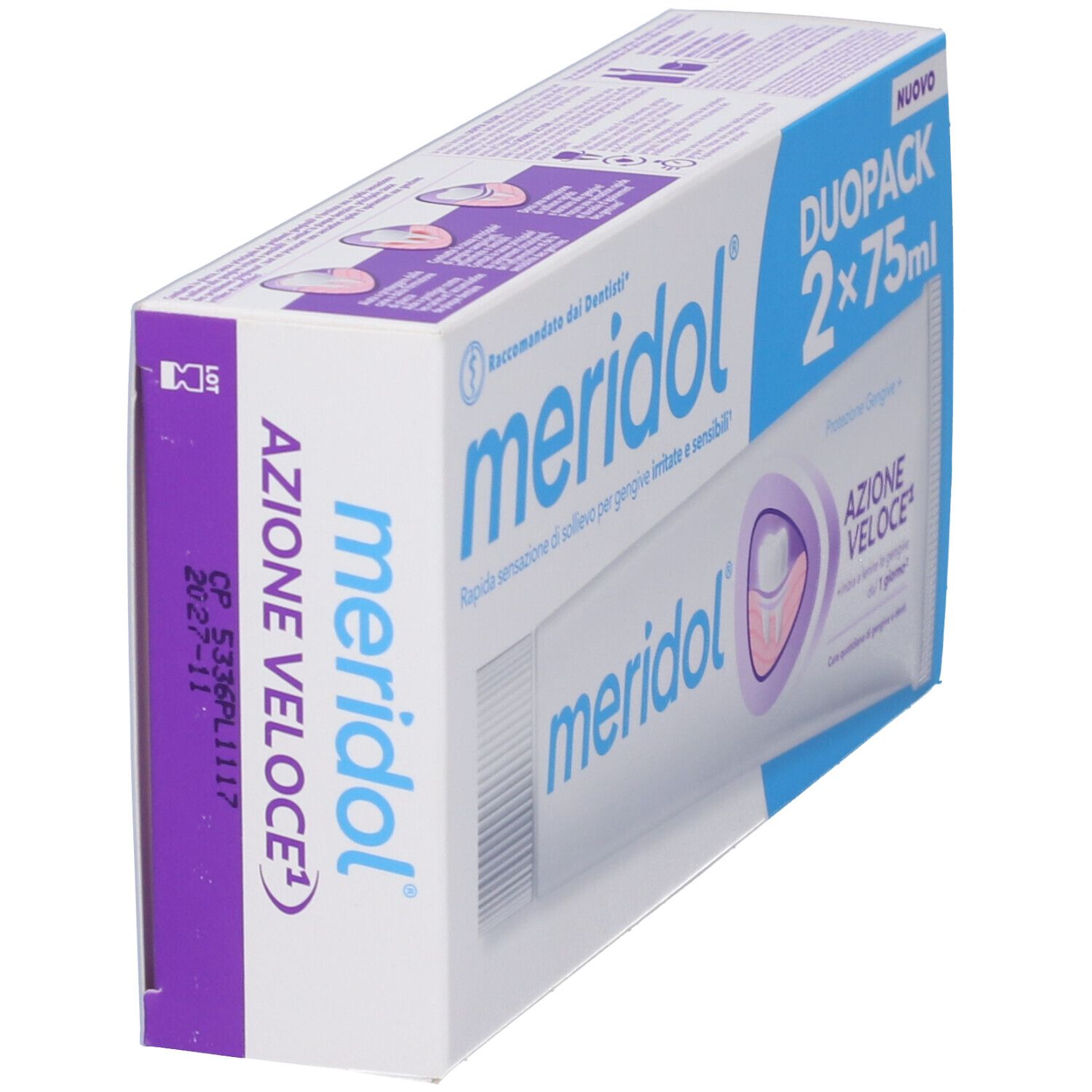 Confezione doppia di dentifricio. Scritte: meridol, DuoPack 2x75ml, Azione Veloce. Raccomandato dai dentisti. Viola e bianco.