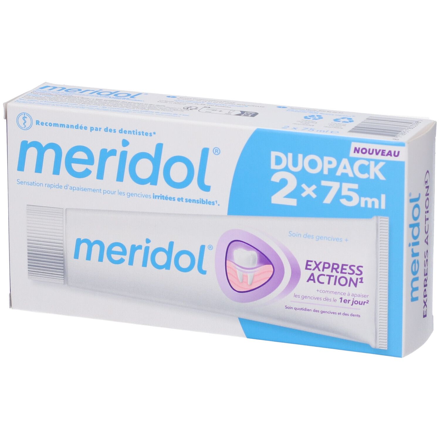 Confezione doppia di dentifricio. Scritte: meridol, DuoPack 2x75ml, Azione Veloce. Raccomandato dai dentisti. Blu e bianco.