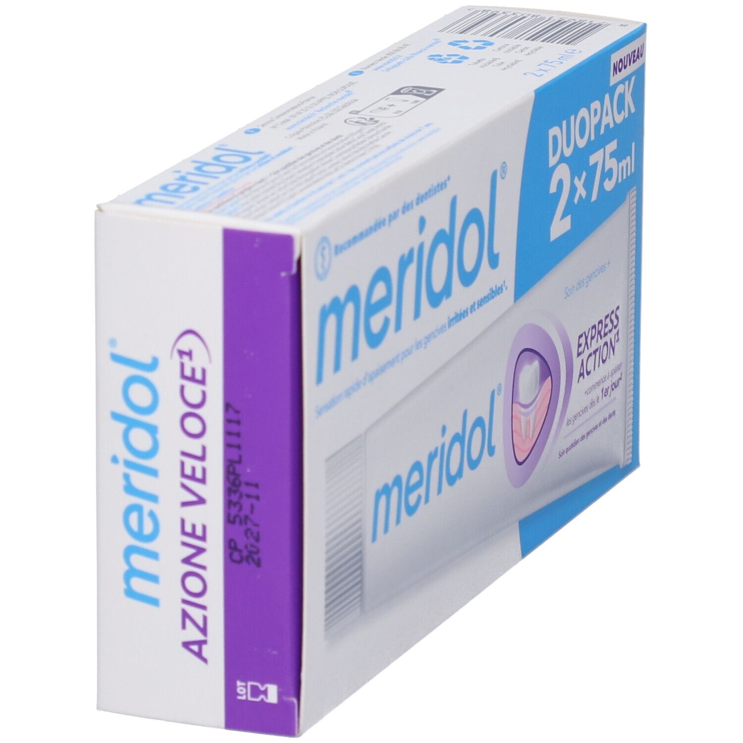 Confezione doppia di dentifricio. Scritte: meridol, DuoPack 2x75ml, Azione Veloce. Raccomandato dai dentisti. Blu e bianco.