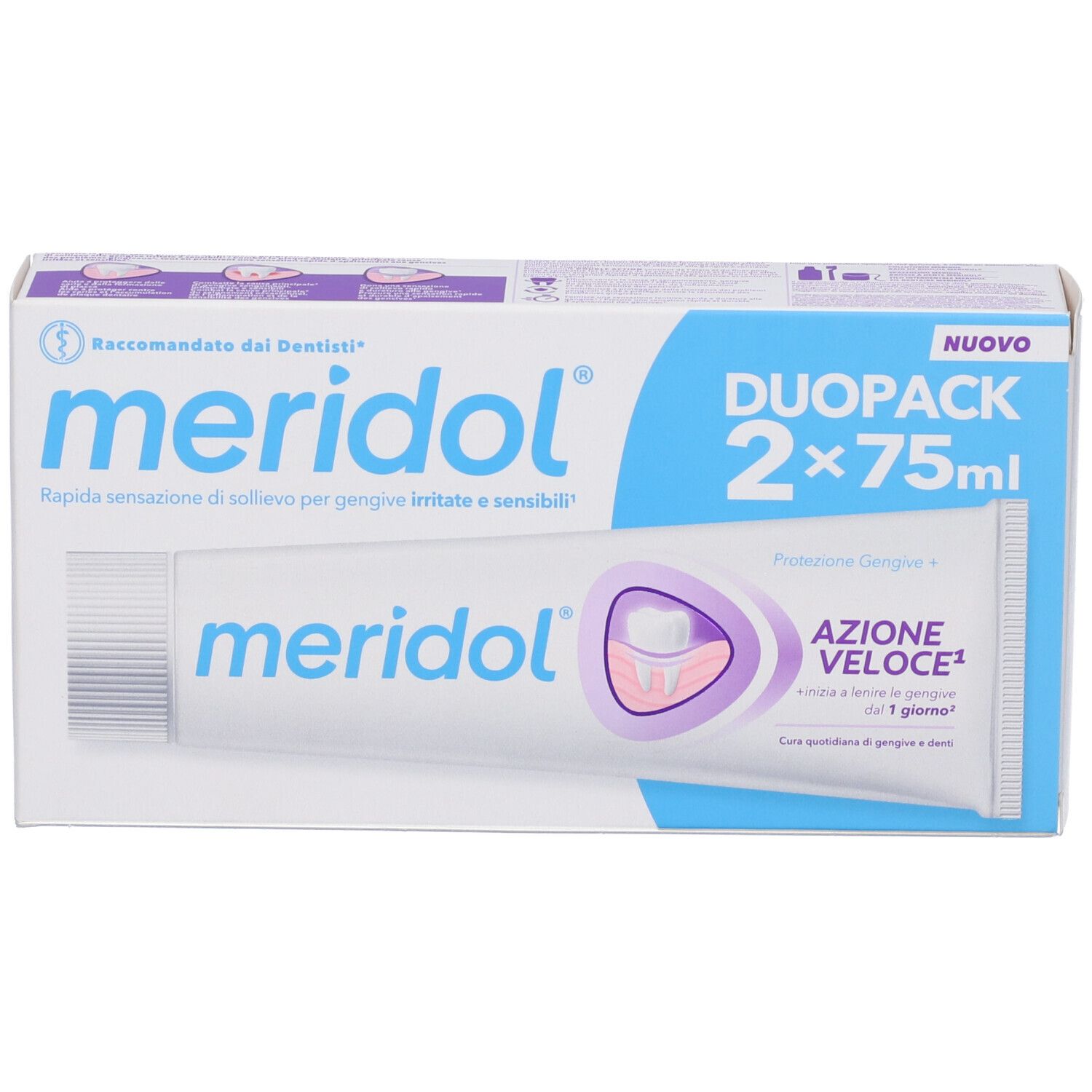 Confezione doppia di dentifricio. Scritte: meridol, DuoPack 2x75ml, Azione Veloce. Raccomandato dai dentisti. Blu e bianco.