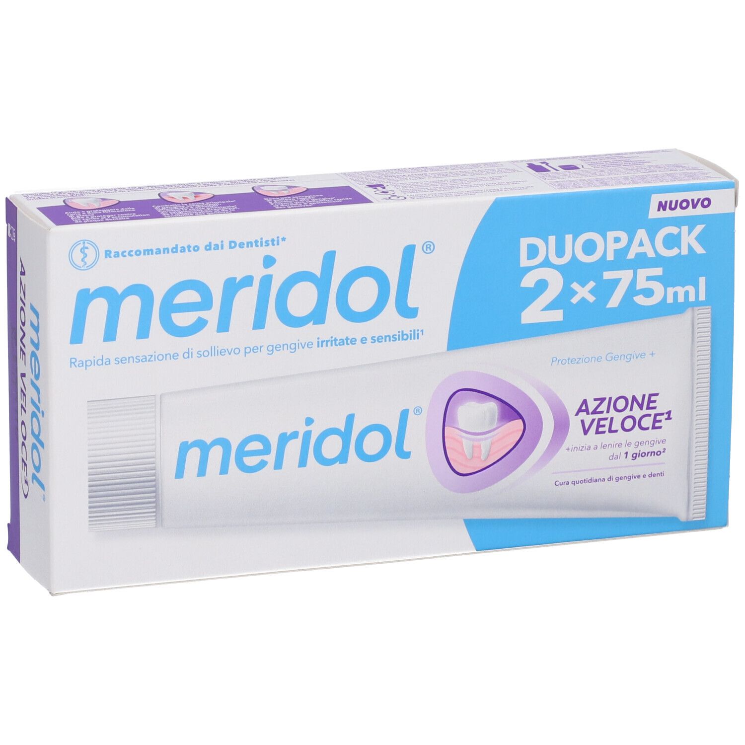 Confezione doppia di dentifricio. Scritte: meridol, DuoPack 2x75ml, Azione Veloce. Raccomandato dai dentisti. Blu e bianco.