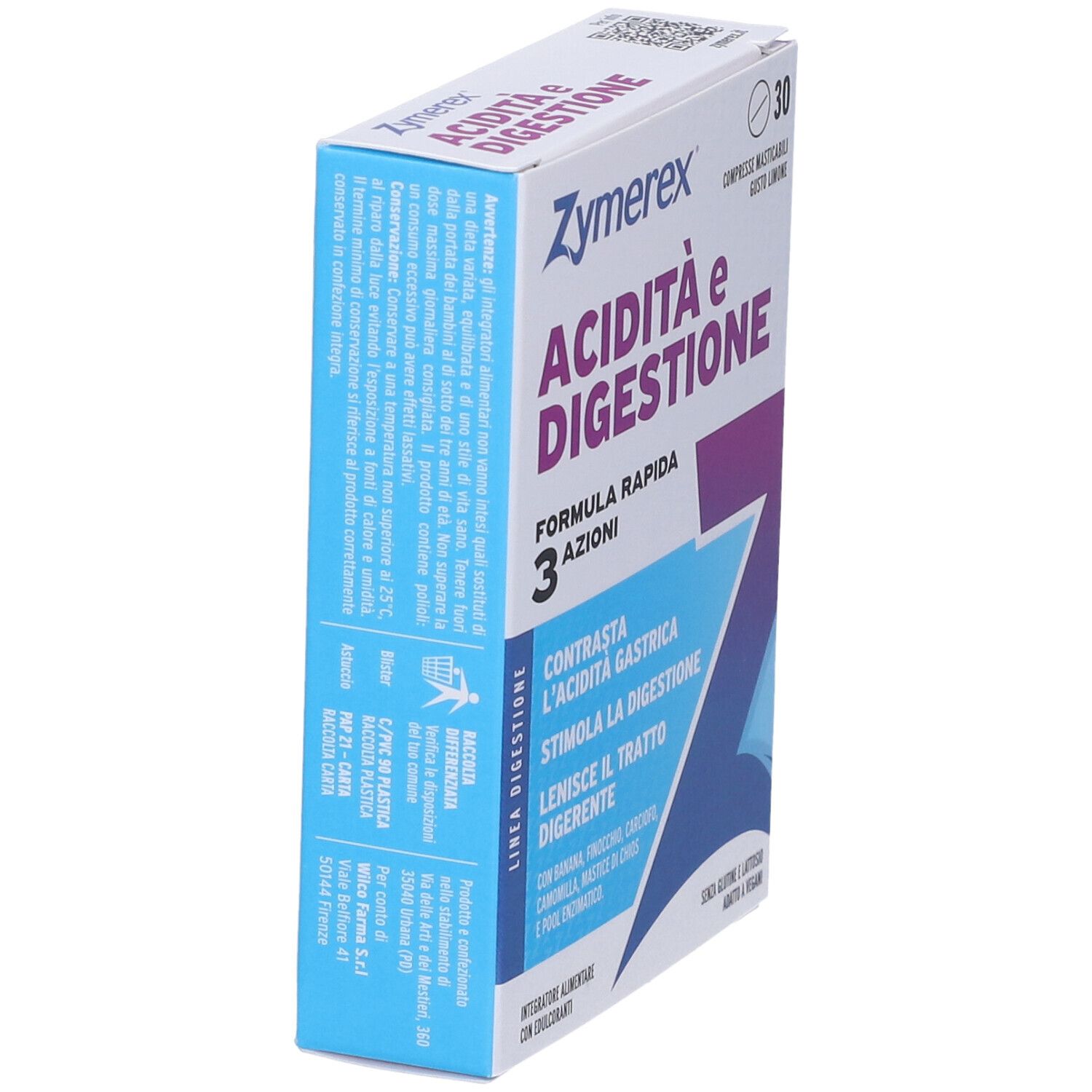 ZYMEREX ACIDITA DIGESTIONE 30 CPR. Vista laterale della confezione con dettagli sull'uso.