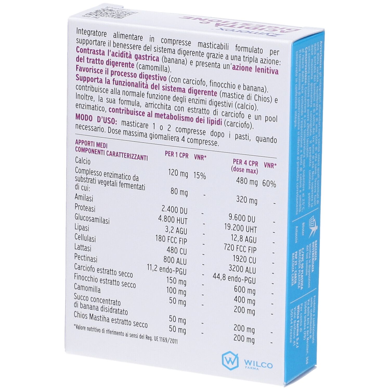 ZYMEREX ACIDITA DIGESTIONE 30 CPR. Retro della confezione con valori nutrizionali e ingredienti.