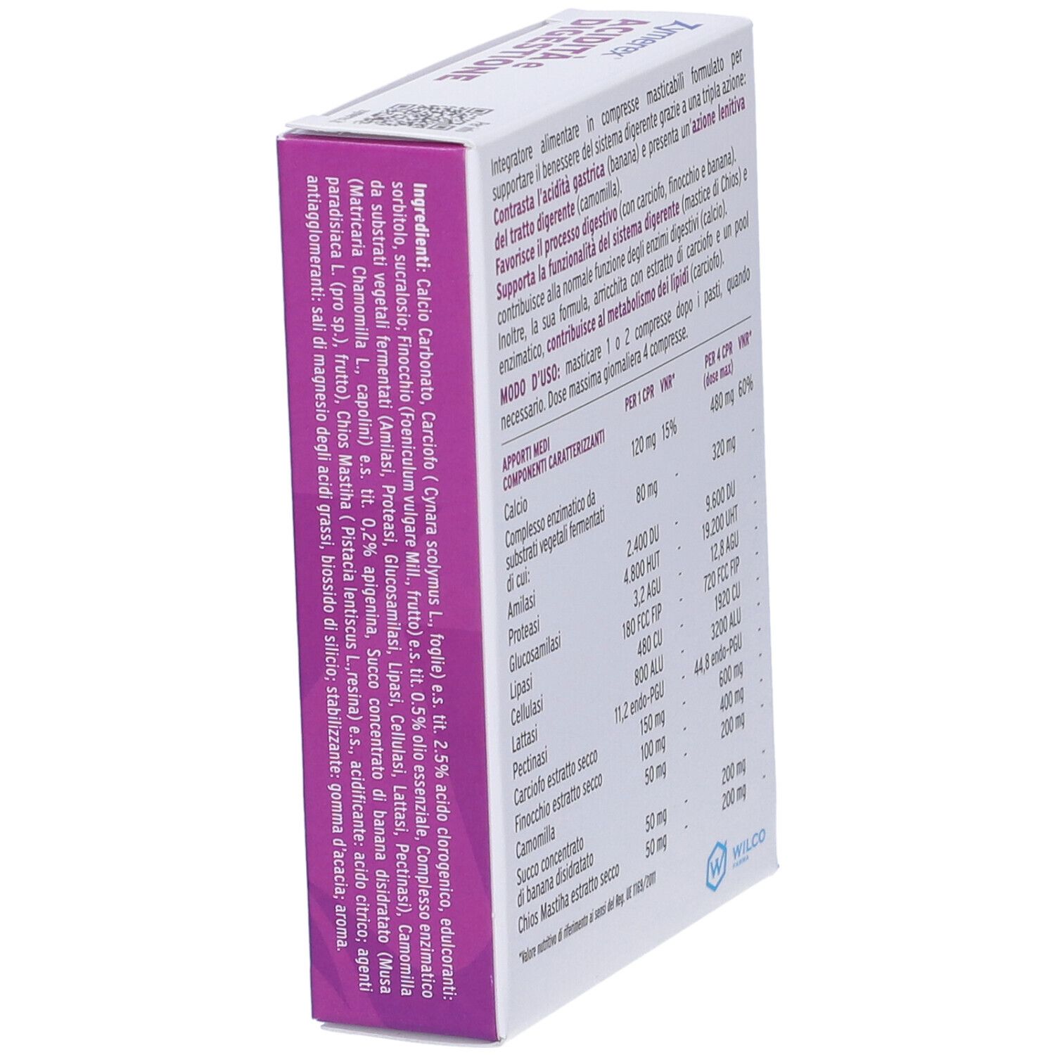 ZYMEREX ACIDITA DIGESTIONE 30 CPR. Vista laterale della confezione con elenco dettagliato degli ingredienti.