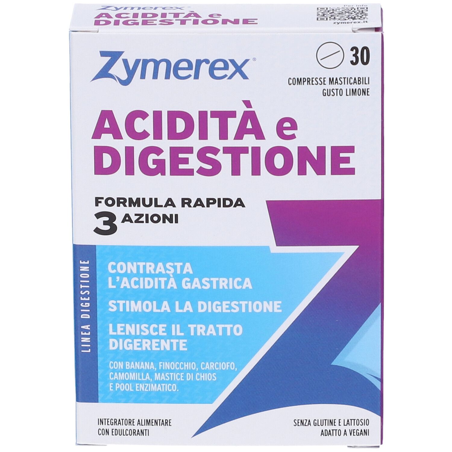 ZYMEREX ACIDITA DIGESTIONE 30 CPR. Fronte della confezione con nome del prodotto e benefici principali.