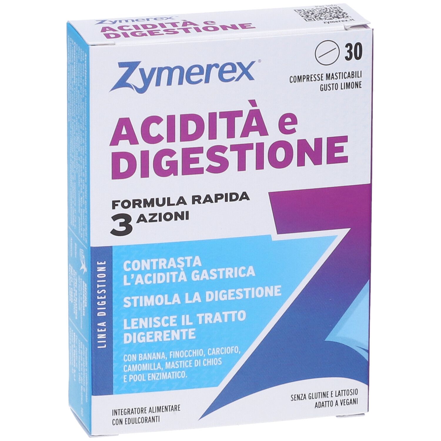 ZYMEREX ACIDITA DIGESTIONE 30 CPR. Fronte della confezione con marchio e denominazione del prodotto.