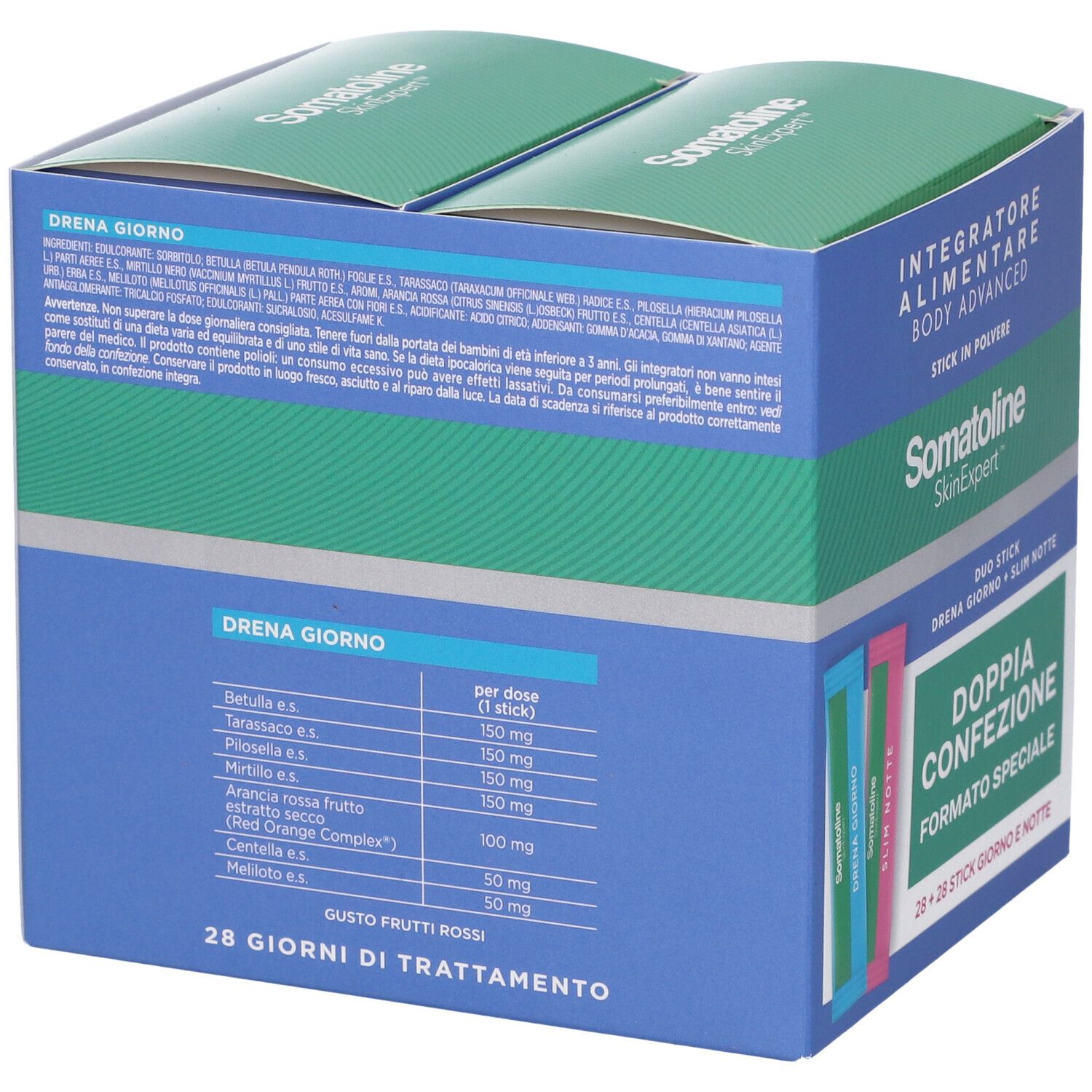 Retro confezione Somatoline con ingredienti e tabella nutrizionale per Drena Giorno.