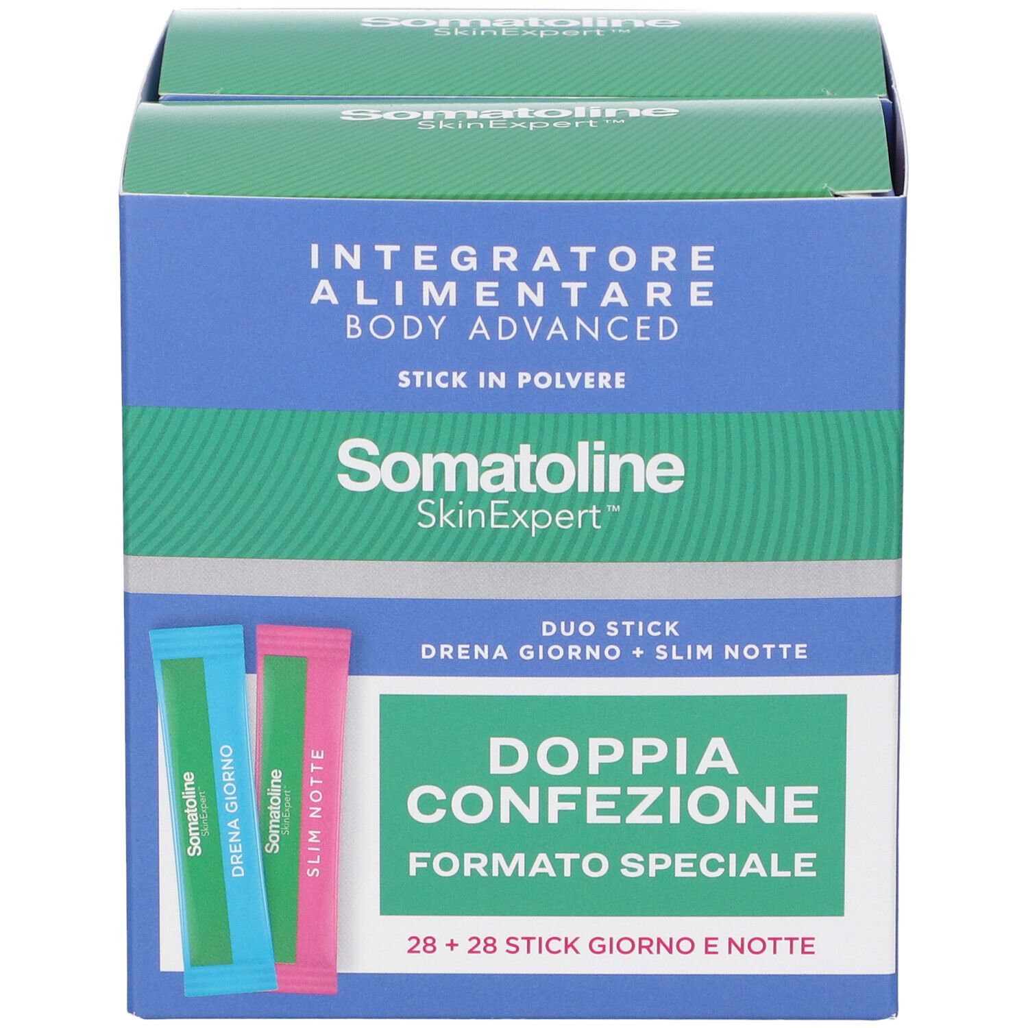 Fronte confezione Somatoline con due stick d'esempio: Drena Giorno e Slim Notte.