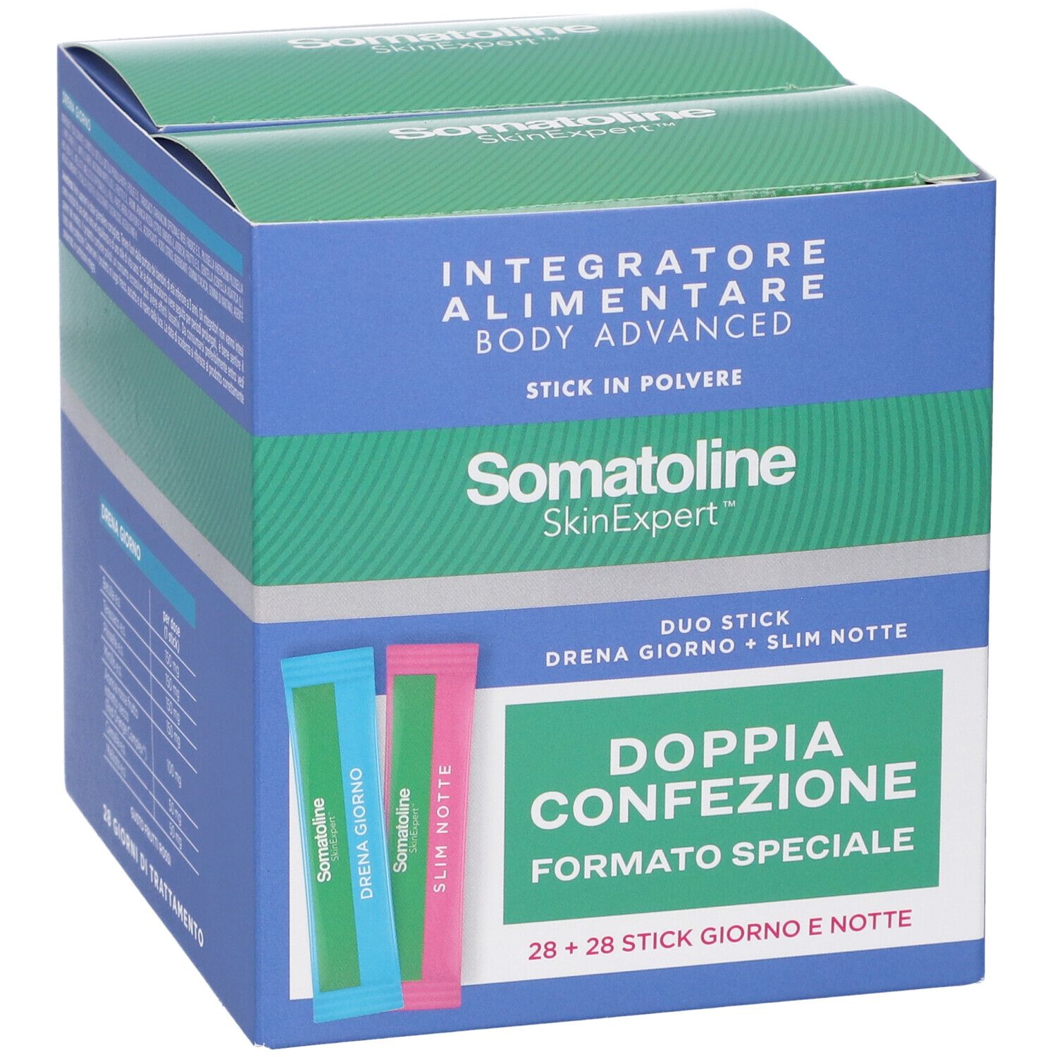Fronte confezione Somatoline con due stick d'esempio: Drena Giorno e Slim Notte.