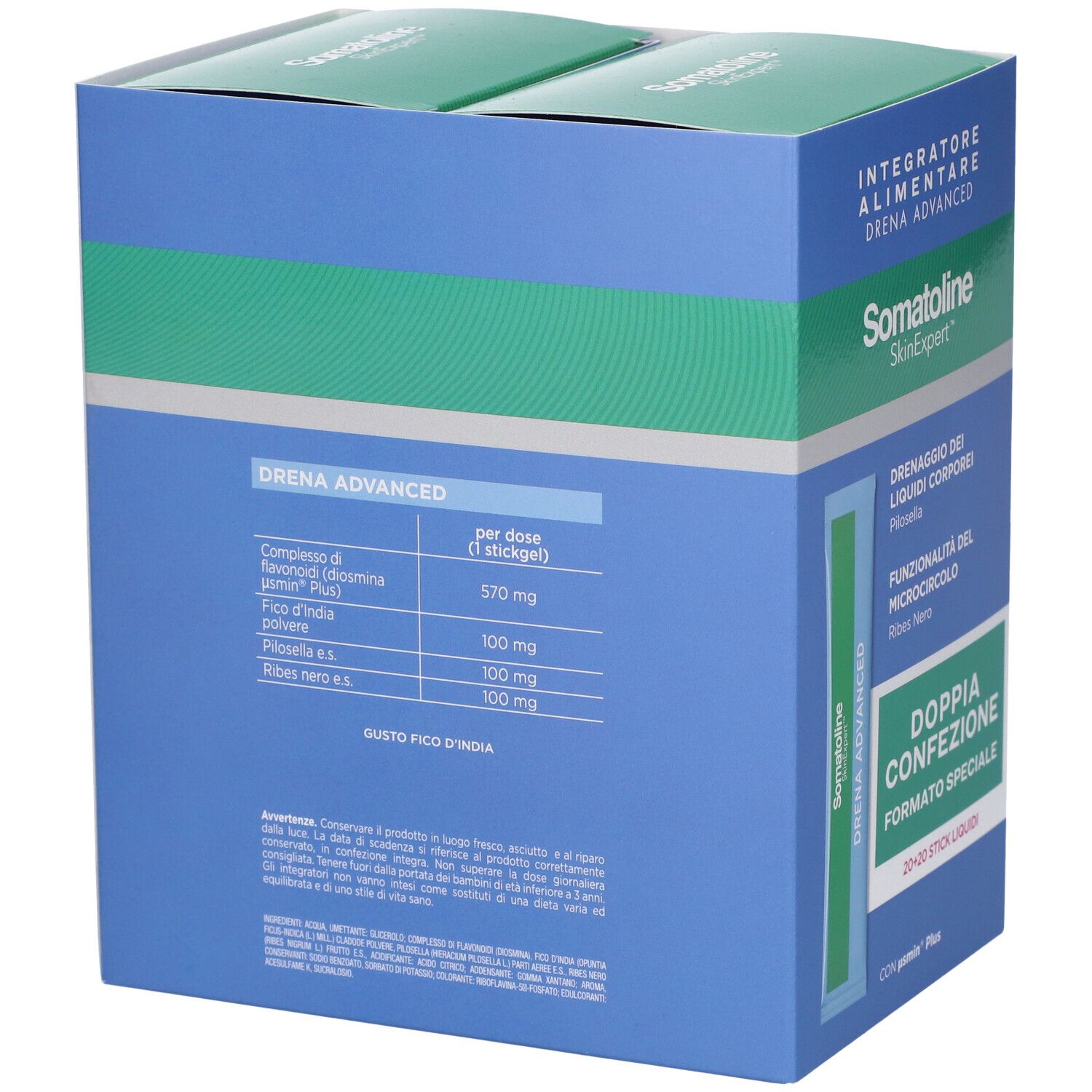 Retro della confezione Somatoline Skin Expert Drena Advanced con informazioni nutrizionali.