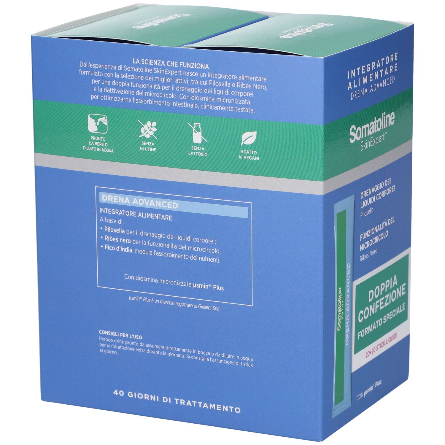 Lato della confezione Somatoline Skin Expert Drena Advanced con informazioni sul prodotto.