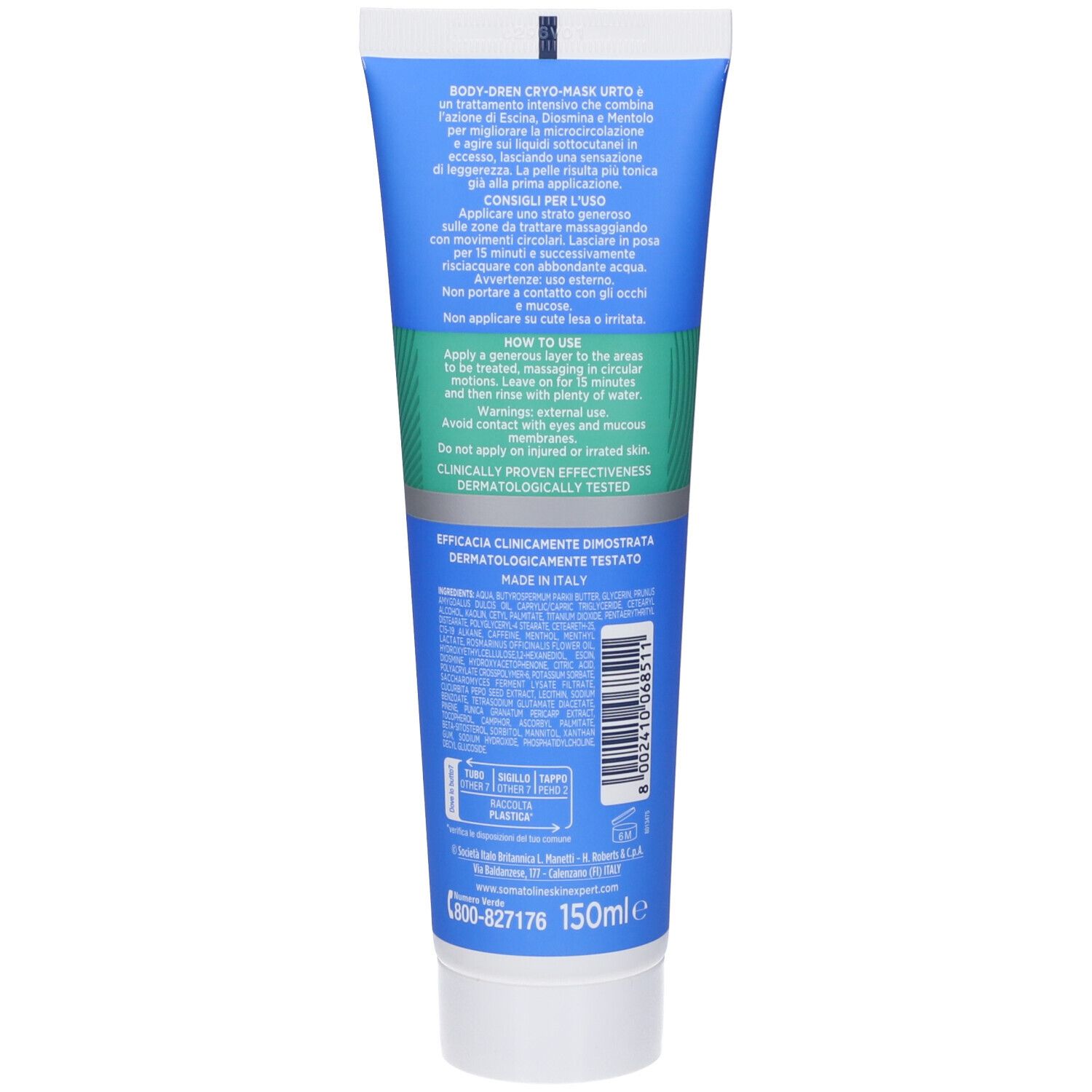 Tubo Somatoline SkinExpert Body-Dren Cryo-Mask Urto. Retro con istruzioni, ingredienti e codice a barre.