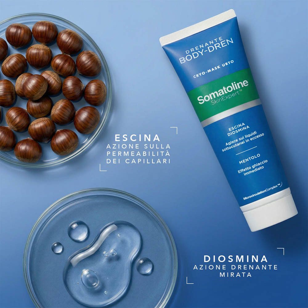 Tubo Somatoline SkinExpert Body-Dren Cryo-Mask Urto accanto a ciotole con castagne e un campione di liquido.