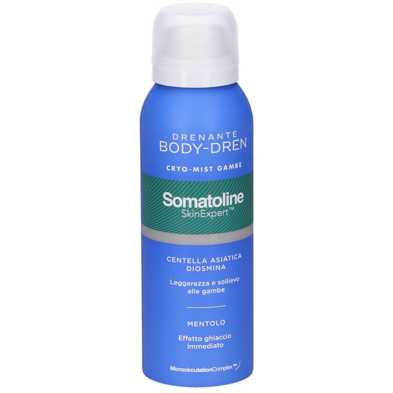 Vista frontale del flacone spray blu Somatoline Body-Dren Cryo-Mist con tappo bianco.