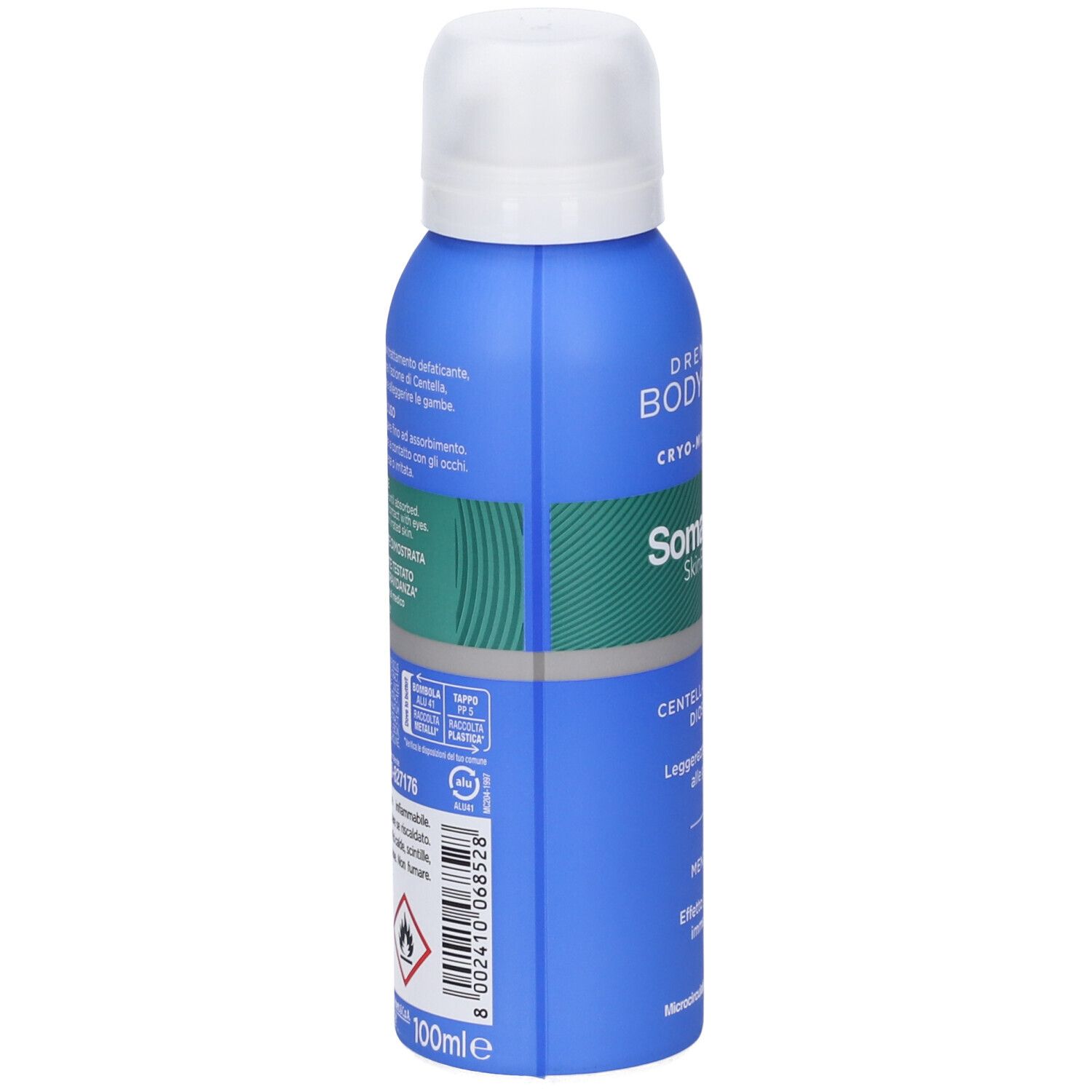 Vista laterale del flacone spray blu Somatoline Body-Dren Cryo-Mist con informazioni sull'etichetta.