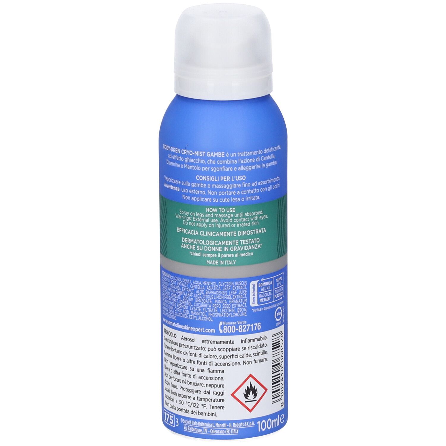 Vista posteriore del flacone spray blu Somatoline Body-Dren Cryo-Mist con istruzioni per l'uso e avvertenze.