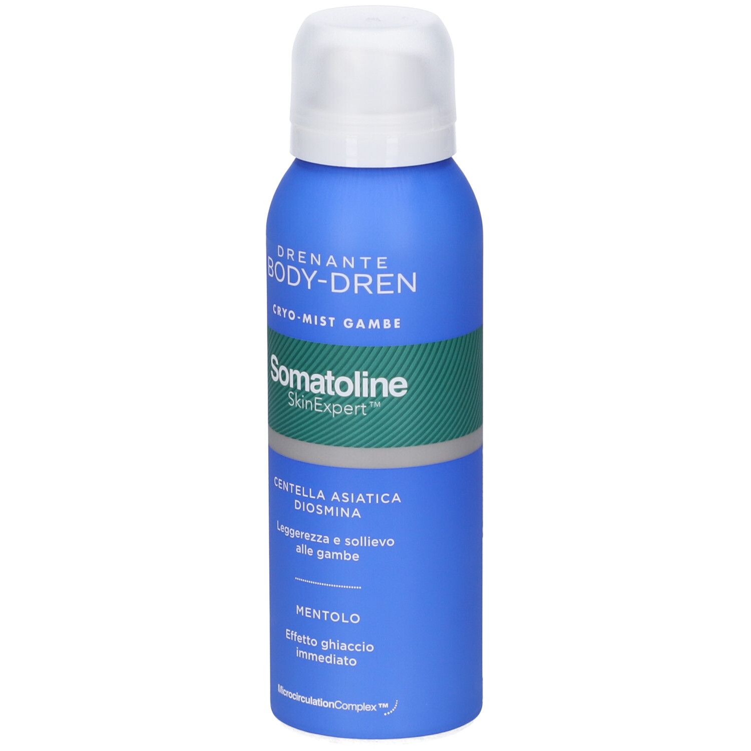 Vista frontale del flacone spray blu Somatoline Body-Dren Cryo-Mist con tappo bianco.