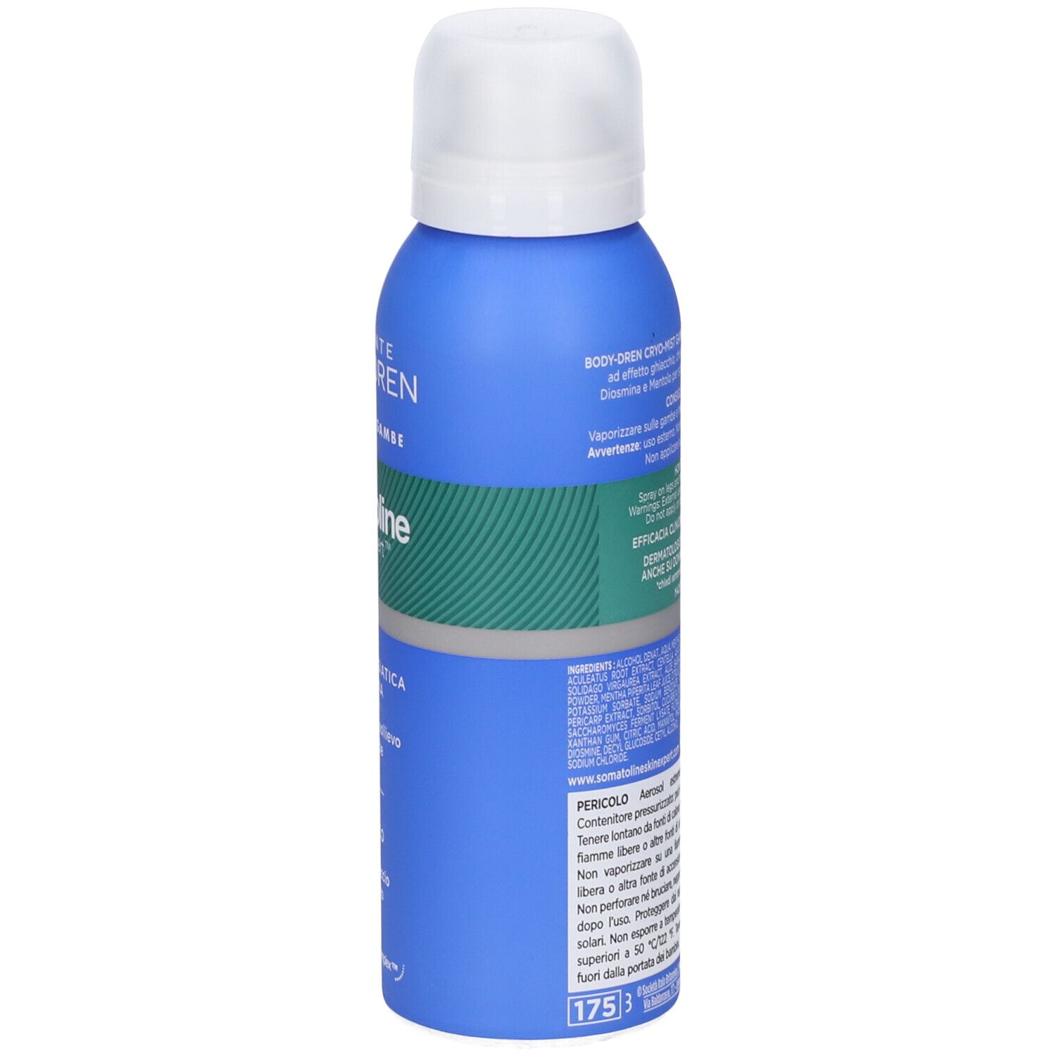 Vista laterale del flacone spray blu Somatoline Body-Dren Cryo-Mist con informazioni sull'etichetta.