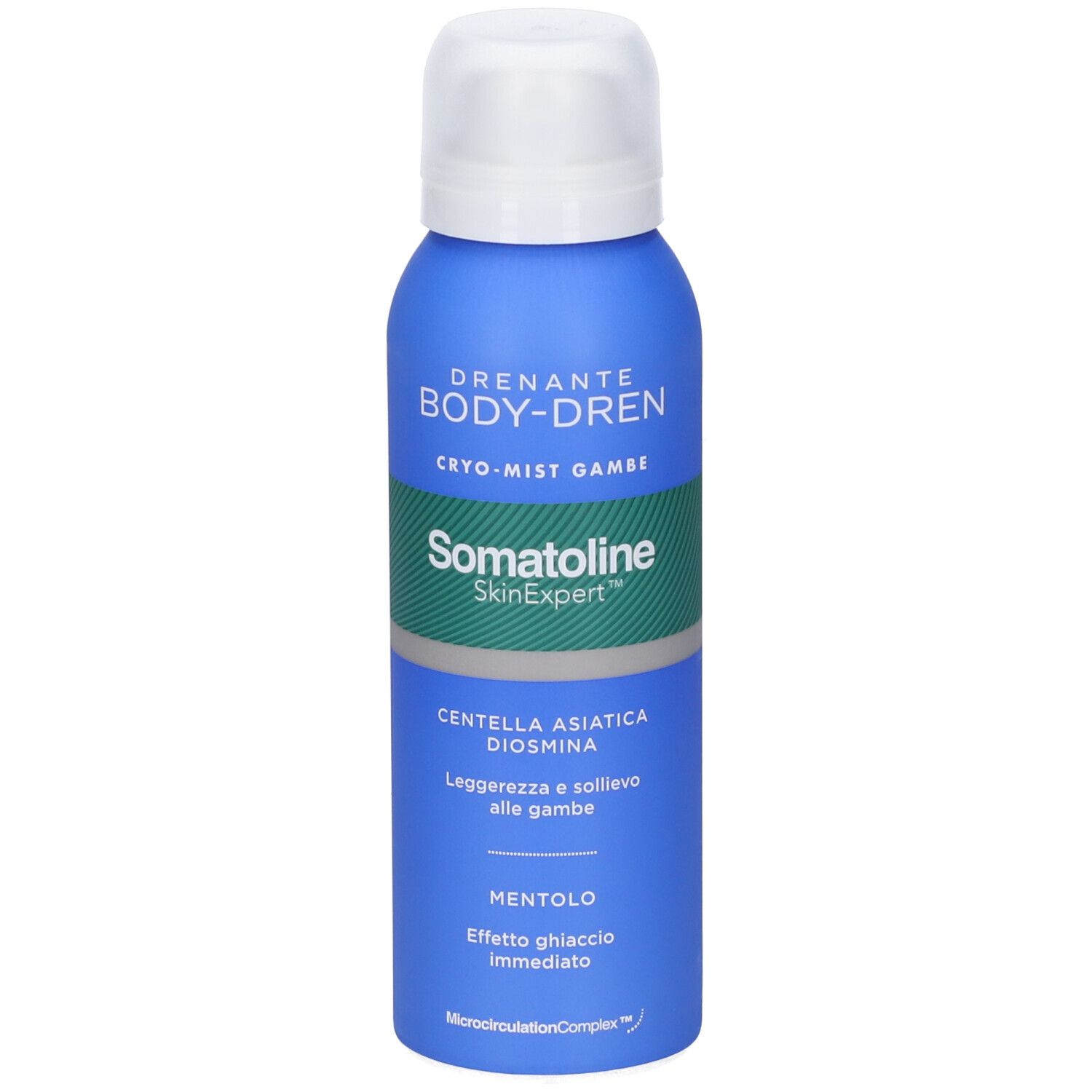 Vista frontale del flacone spray blu Somatoline Body-Dren Cryo-Mist con tappo bianco.