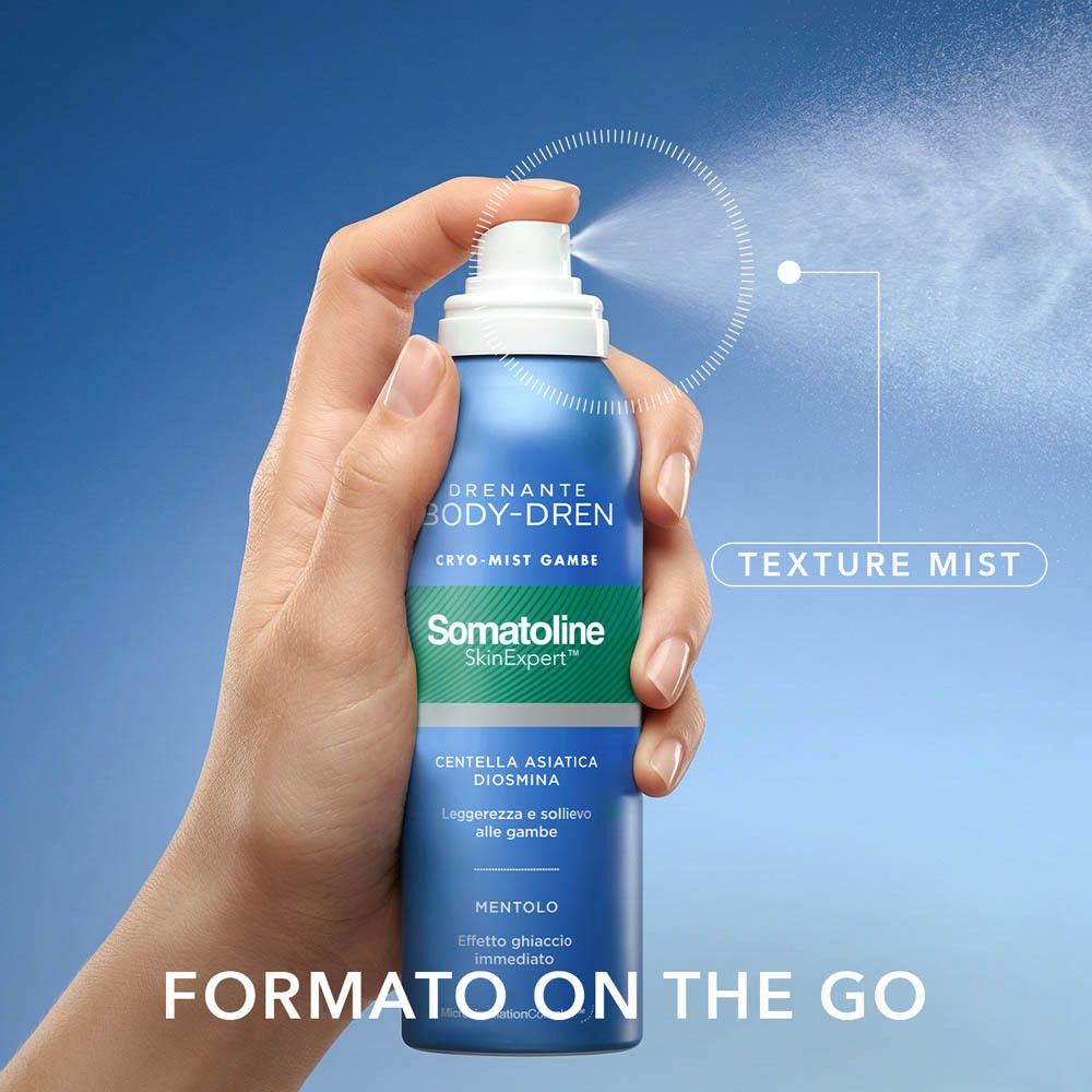 Mano che spruzza Somatoline Body-Dren Cryo-Mist sulle gambe, etichettato "Texture Mist" e "Formato on the go".