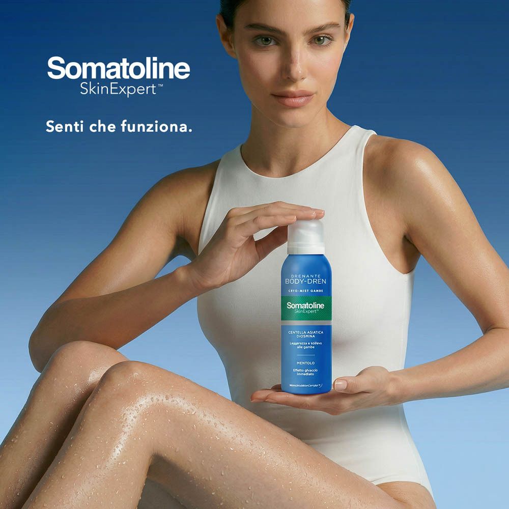 Donna che tiene Somatoline Body-Dren Cryo-Mist e lo tiene contro le gambe, "Senti che funziona" è etichettato.
