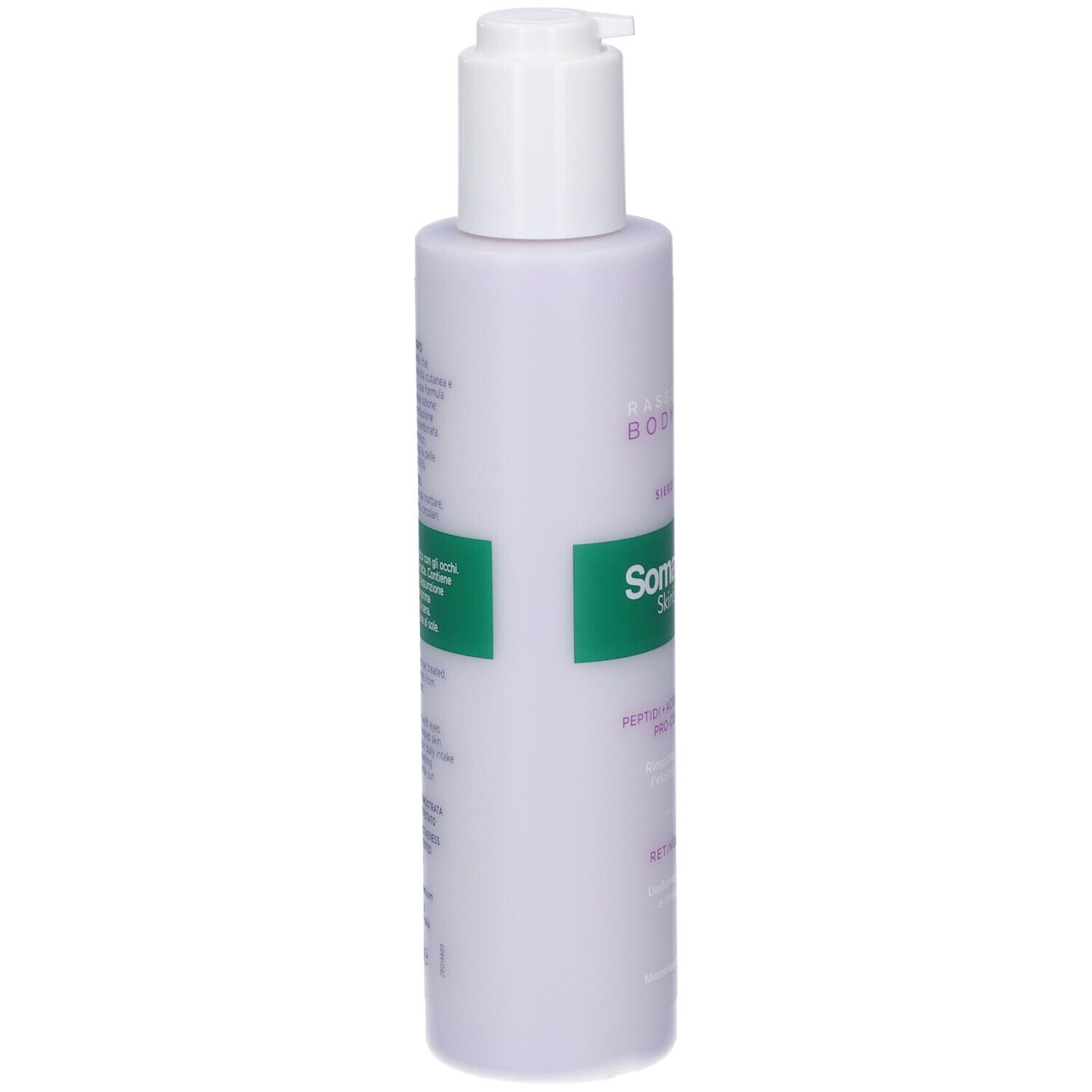 Flacone lozione corpo Somatoline Skin Expert con dispenser a pompa.