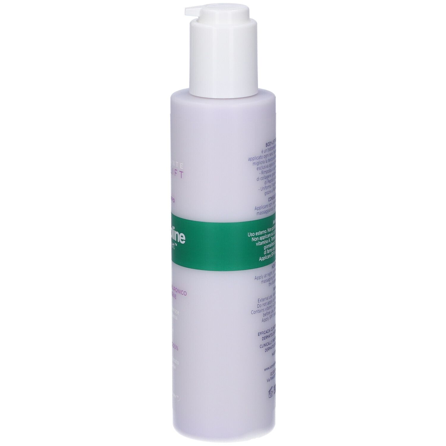 Flacone lilla chiaro con erogatore bianco, etichettato "Nuxe".