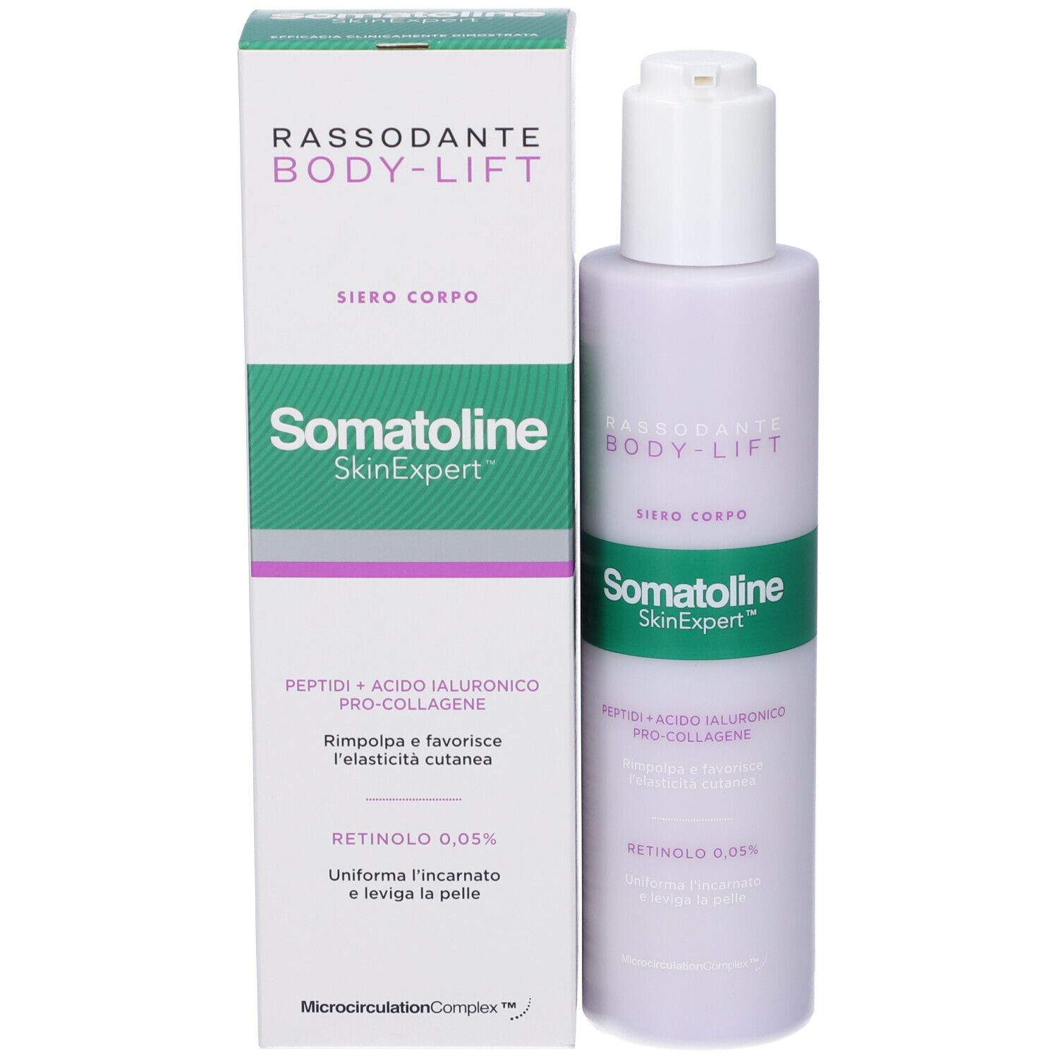 Siero corpo Somatoline SkinExpert Body-Lift con dispenser e confezione.