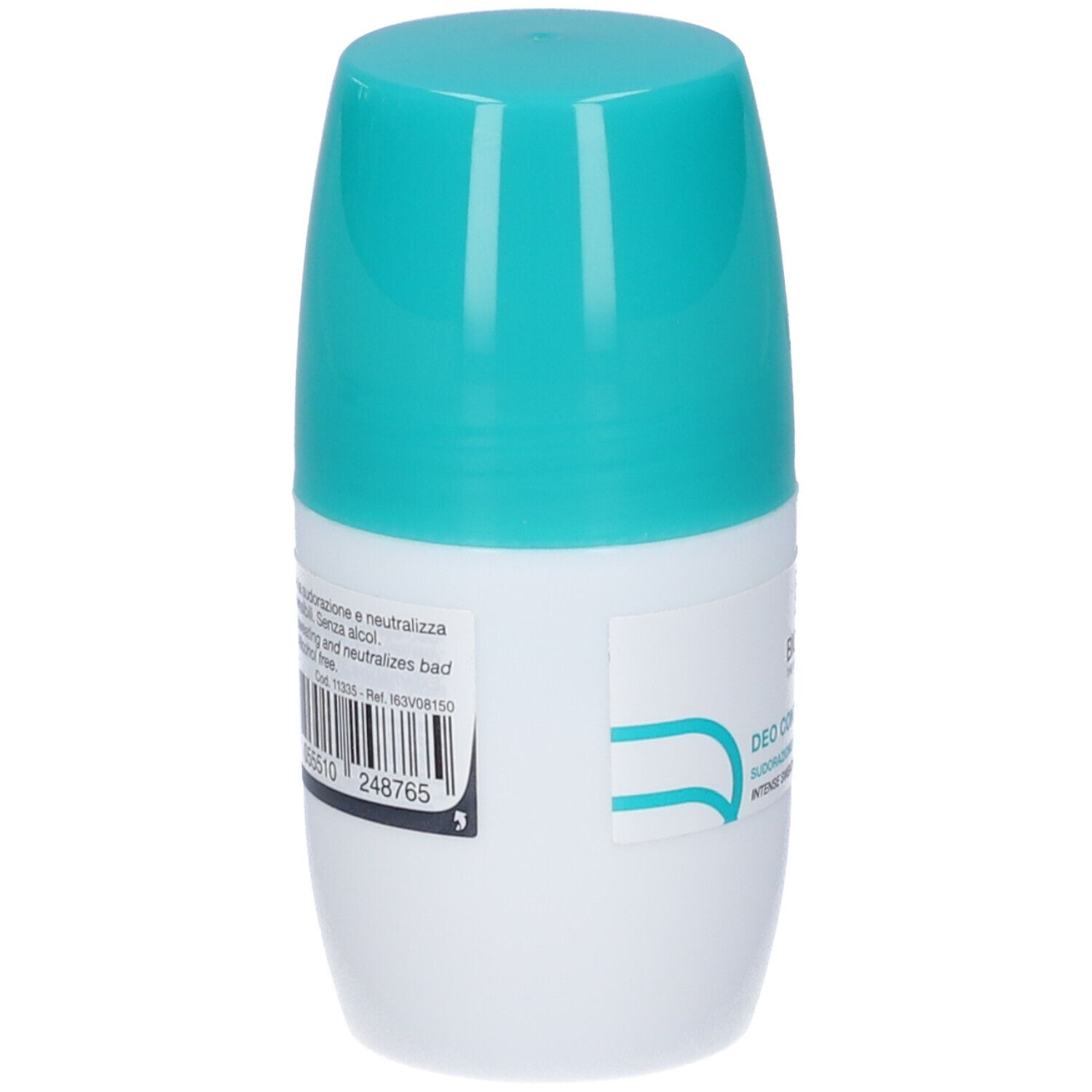 Retro del flacone Deo Control Roll-On. Codice a barre e testo. Flacone bianco con tappo turchese.