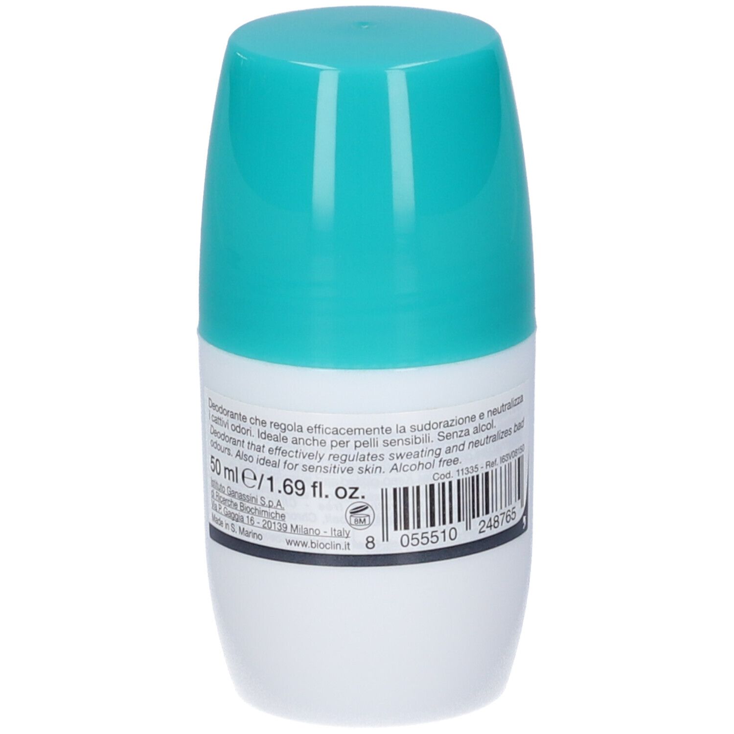 Flacone Deo Control Roll-On. Testo sul retro. 50 ml/1.69 fl. oz. Flacone bianco con tappo turchese.