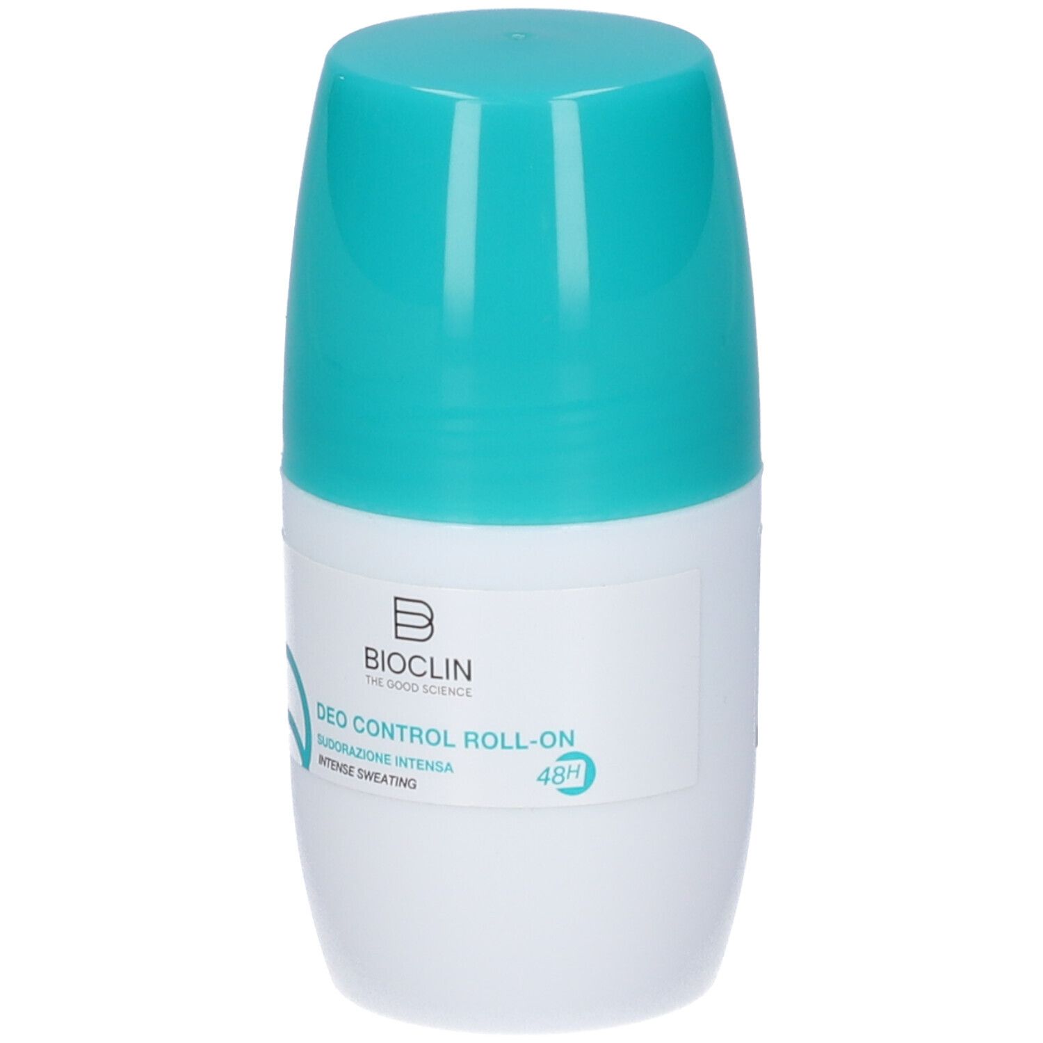 Deo Control Roll-On Bioclin. Flacone bianco e turchese con applicatore roll-on. Scritta: Deo Control Roll-On, 48H.