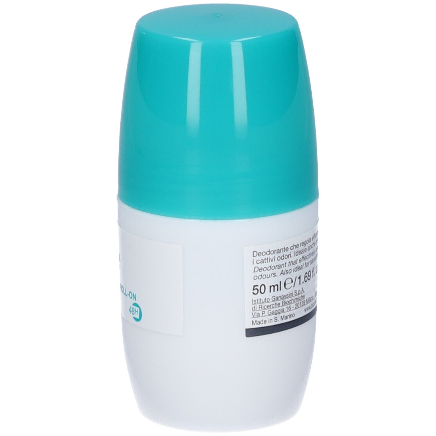 Flacone Deo Control Roll-On. Testo sul retro. 50 ml/1.69 fl. oz. Flacone bianco con tappo turchese.