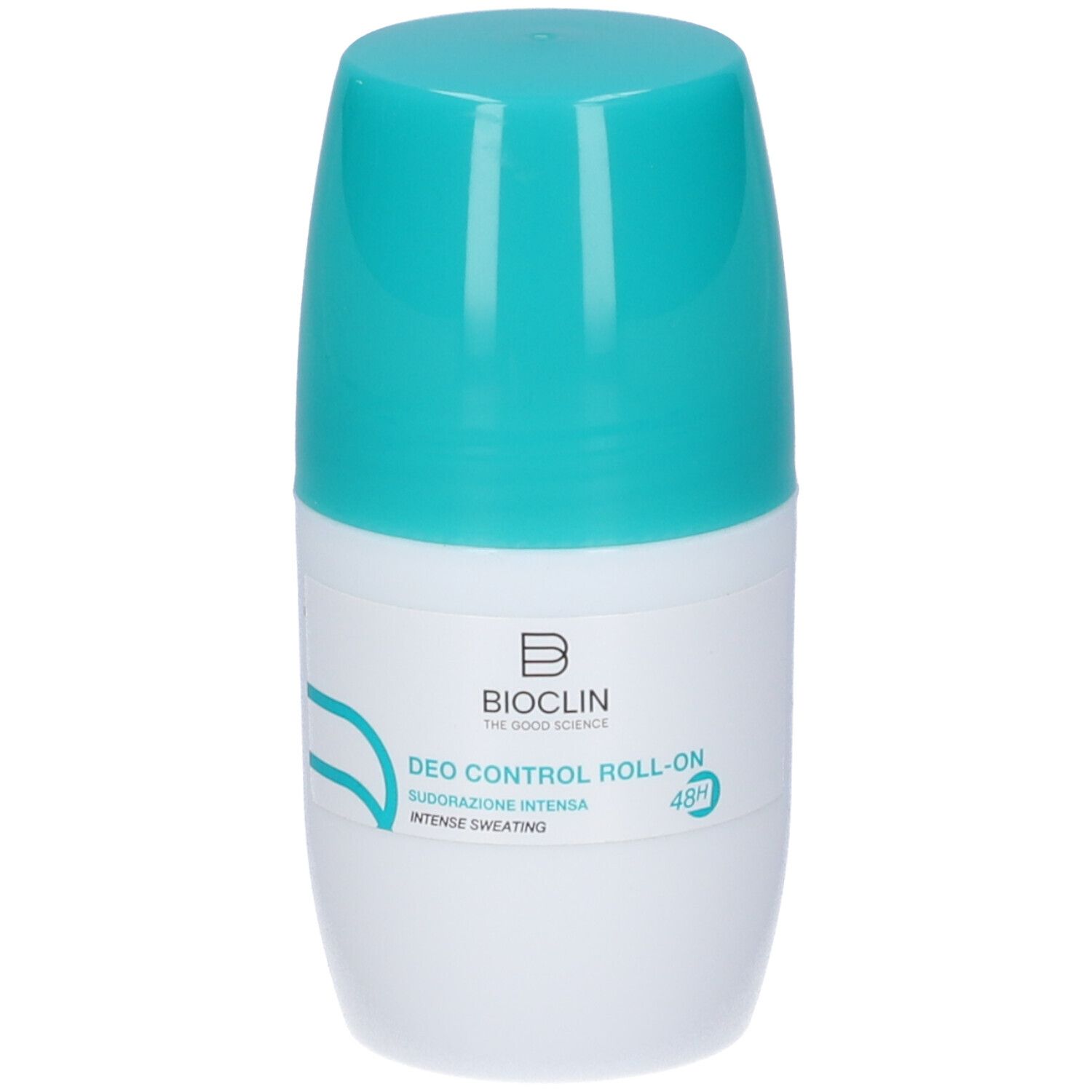 Deo Control Roll-On Bioclin. Flacone bianco e turchese con applicatore roll-on. Scritta: Deo Control Roll-On, 48H.