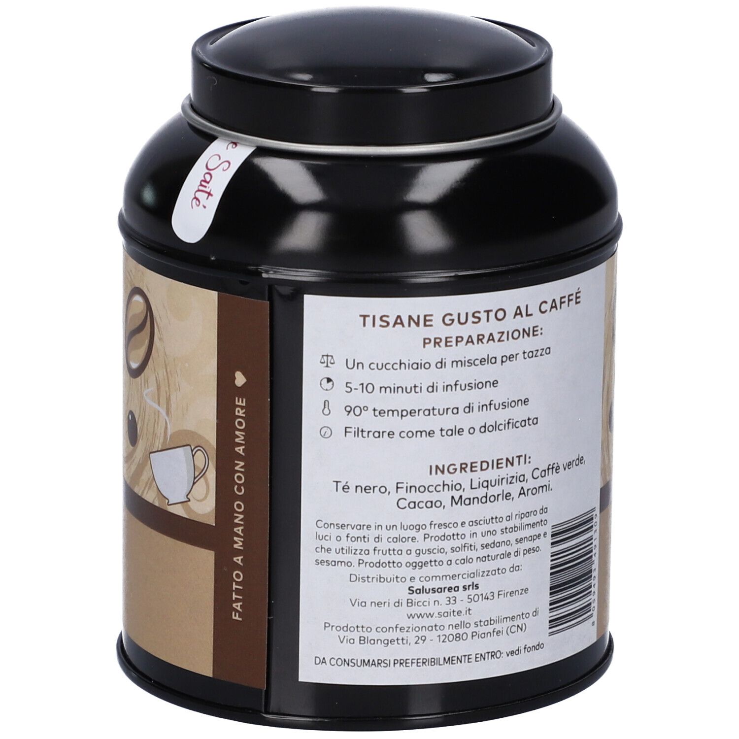 Lato della scatola SaiTe Caffè Cacao & Mandorla tisana con preparazione e ingredienti.