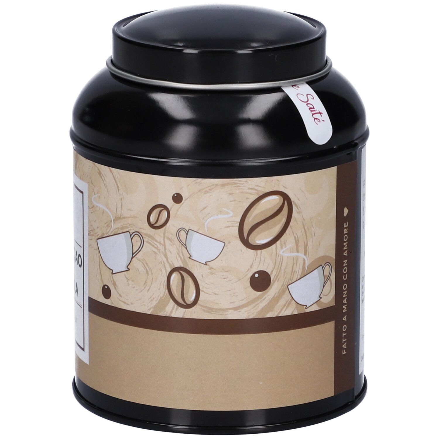Lato della scatola SaiTe Caffè Cacao & Mandorla tisana con decorazioni.