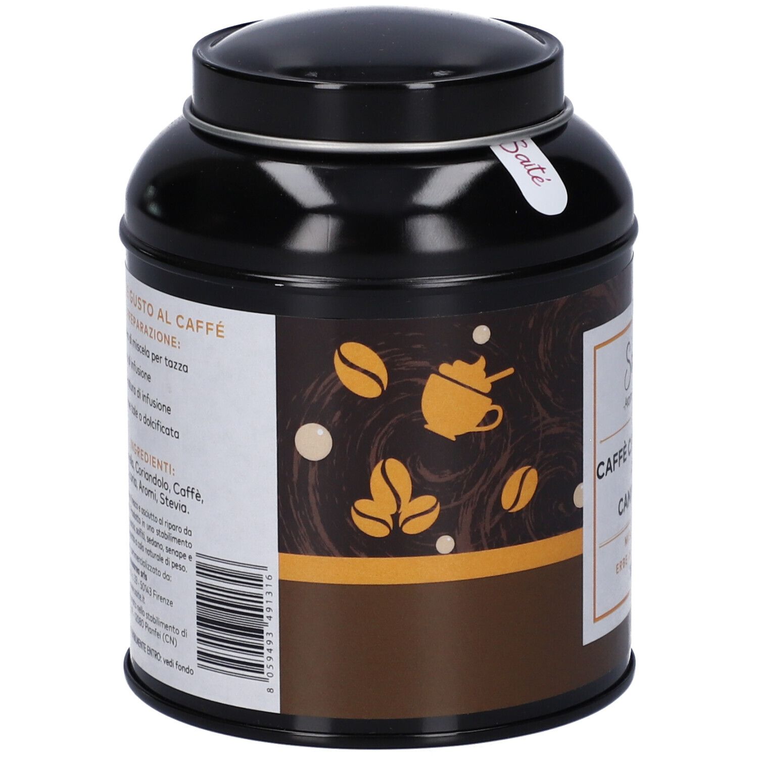 Retro di una scatola tè nera con informazioni sulla tisana "Caffè Caramello & Cannella".