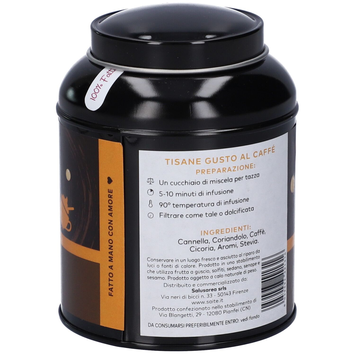 Lato di una scatola tè nera con istruzioni per la preparazione della tisana "Caffè Caramello & Cannella".