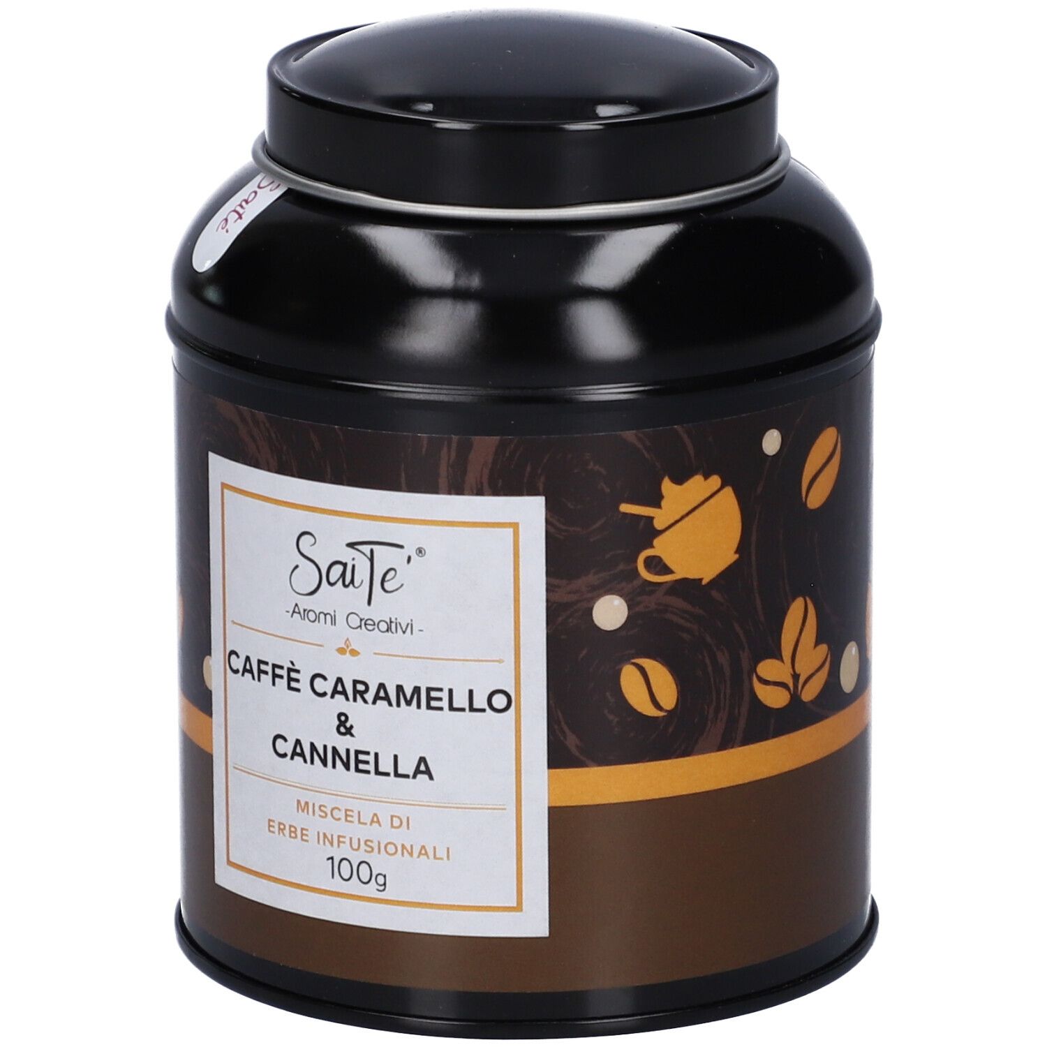 Scatola tè nera per tisana "Caffè Caramello & Cannella", 100g.