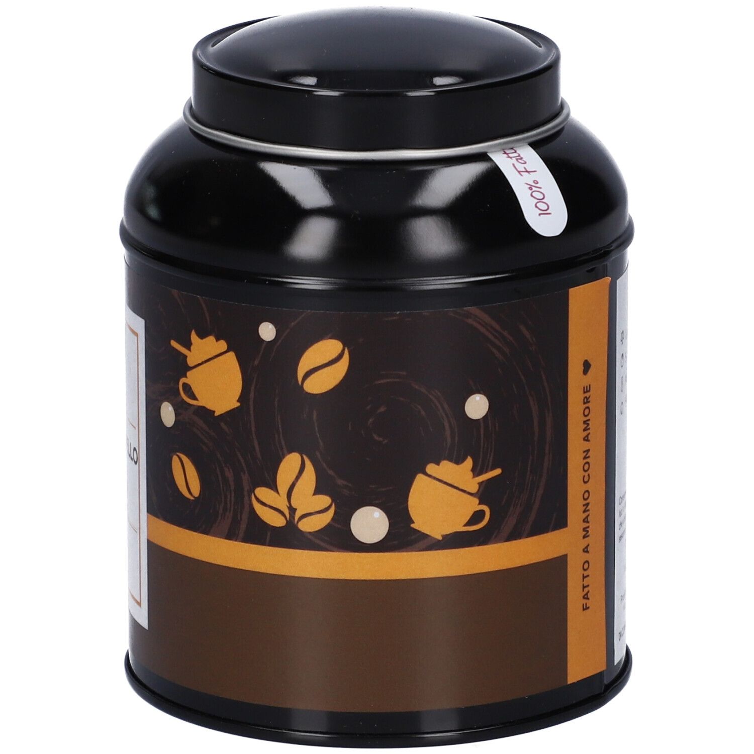 Lato di una scatola tè nera con decorazioni e informazioni sulla tisana "Caffè Caramello & Cannella".