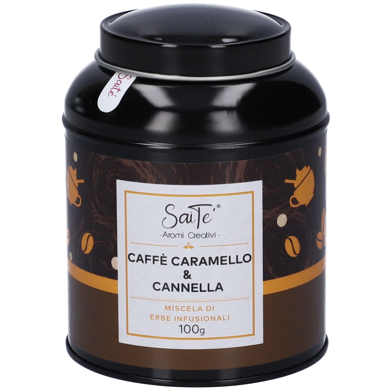 Scatola tè nera per tisana "Caffè Caramello & Cannella", 100g.