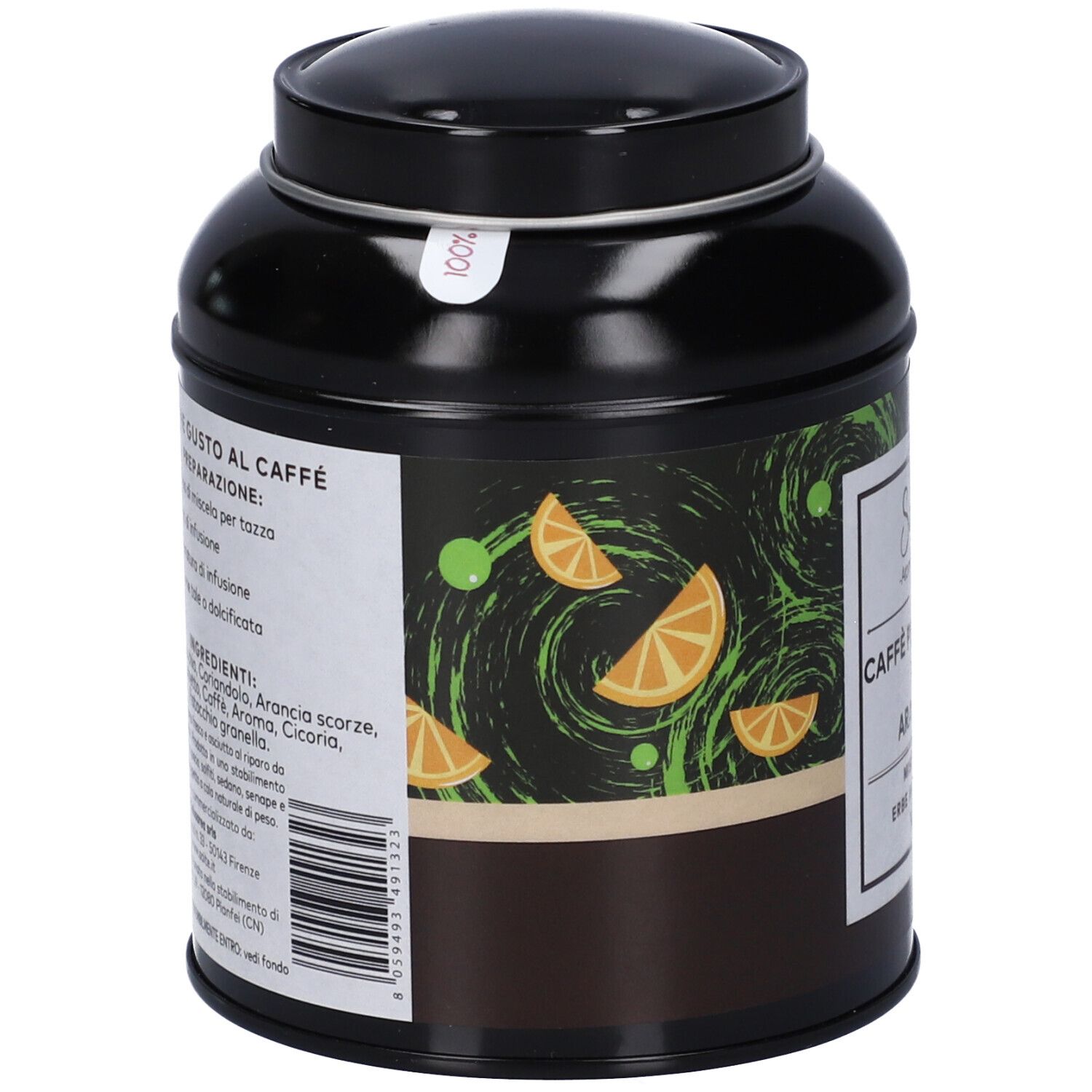 Retro di una scatola di tè nera con decorazioni di arancia e pistacchio. Contiene tisana "Caffè Pistacchio & Arancia".