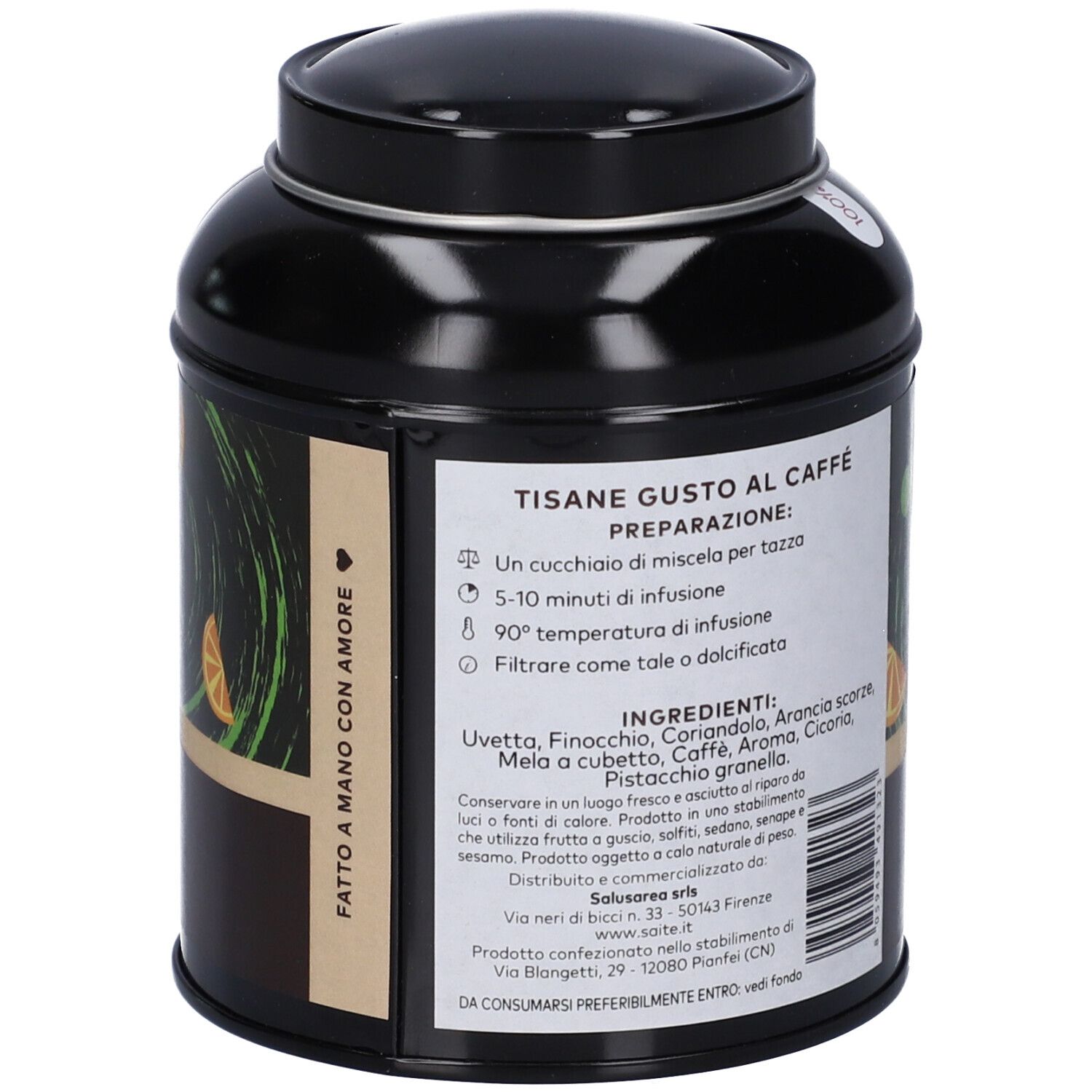 Lato di una scatola di tè nera con istruzioni di preparazione per la tisana "Caffè Pistacchio & Arancia".