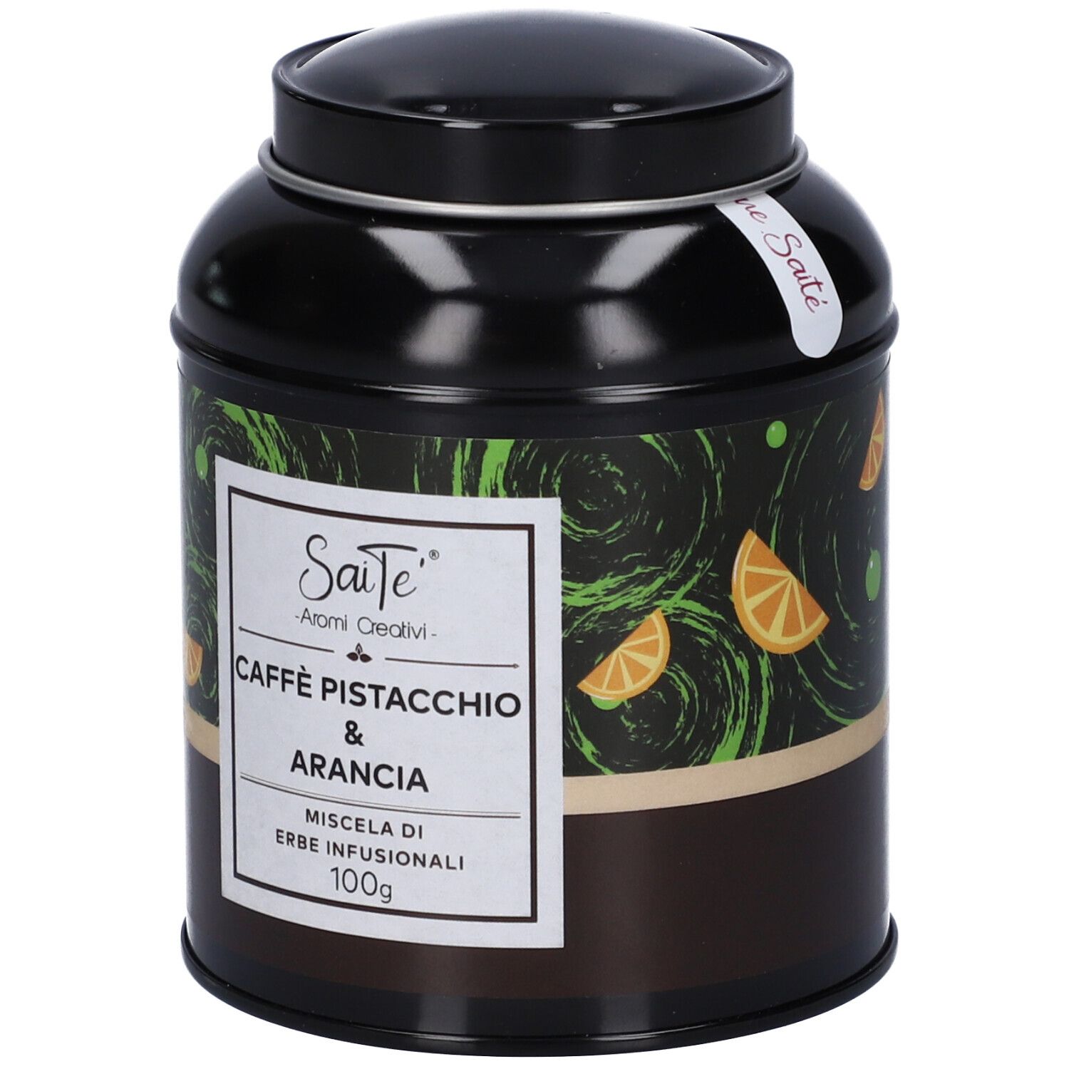 Scatola di tè nera con decorazioni di arancia e pistacchio. Contiene 100g di tisana "Caffè Pistacchio & Arancia".