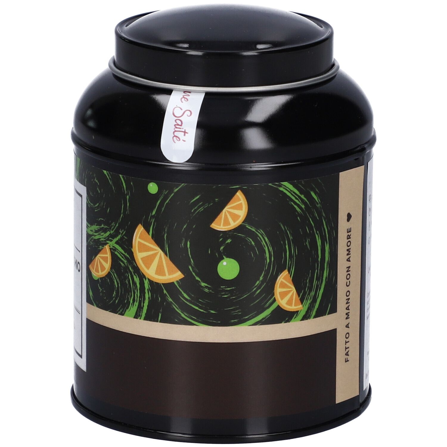 Lato di una scatola di tè nera con decorazioni di arancia e pistacchio. Scritta "Fatto a Mano con Amore".