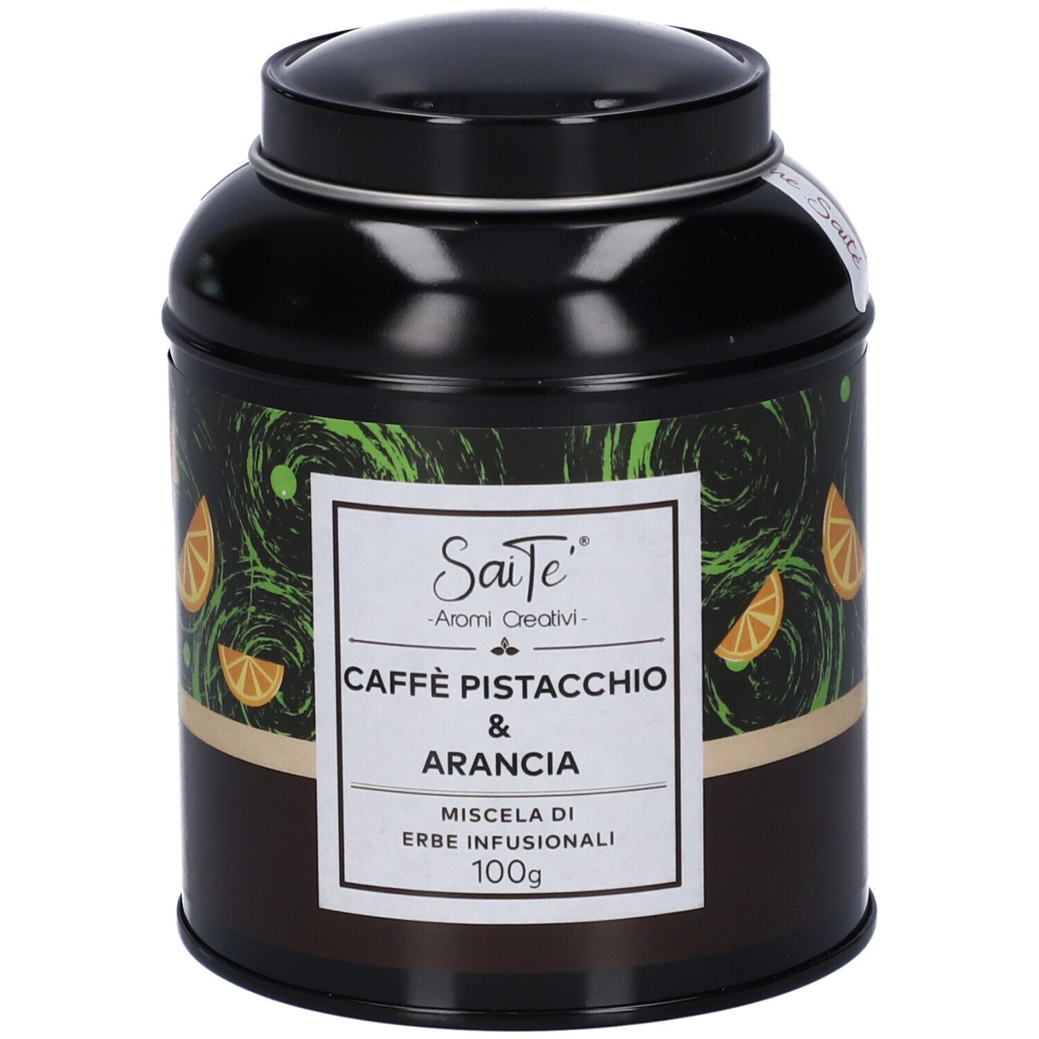 Scatola di tè nera con decorazioni di arancia e pistacchio. Contiene 100g di tisana "Caffè Pistacchio & Arancia".