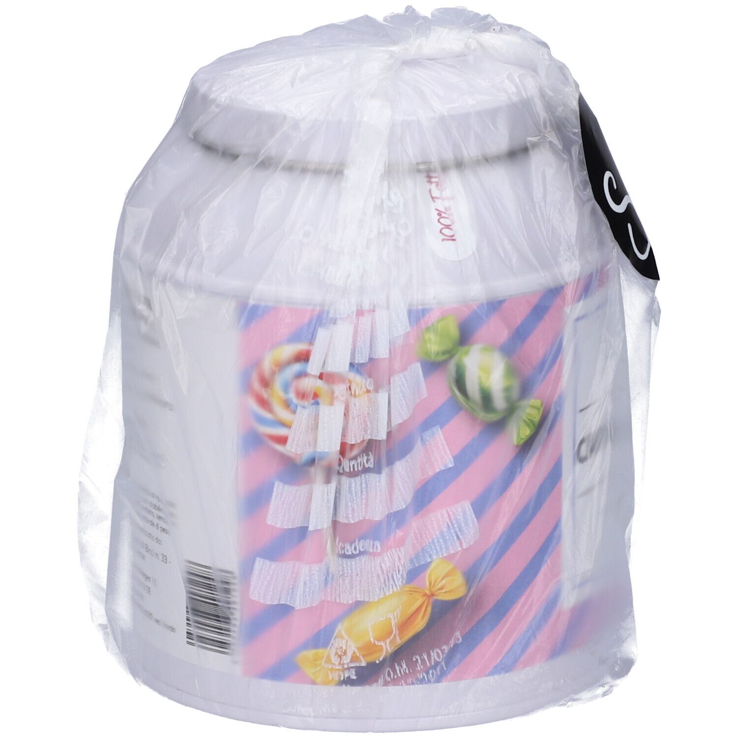 Lattina bianca a strisce rosa-blu con motivi di caramelle, marca Saite.