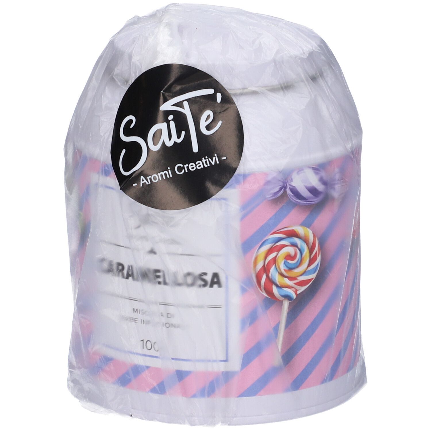 Lattina bianca a strisce rosa-blu con motivi di caramelle, marca Saite.