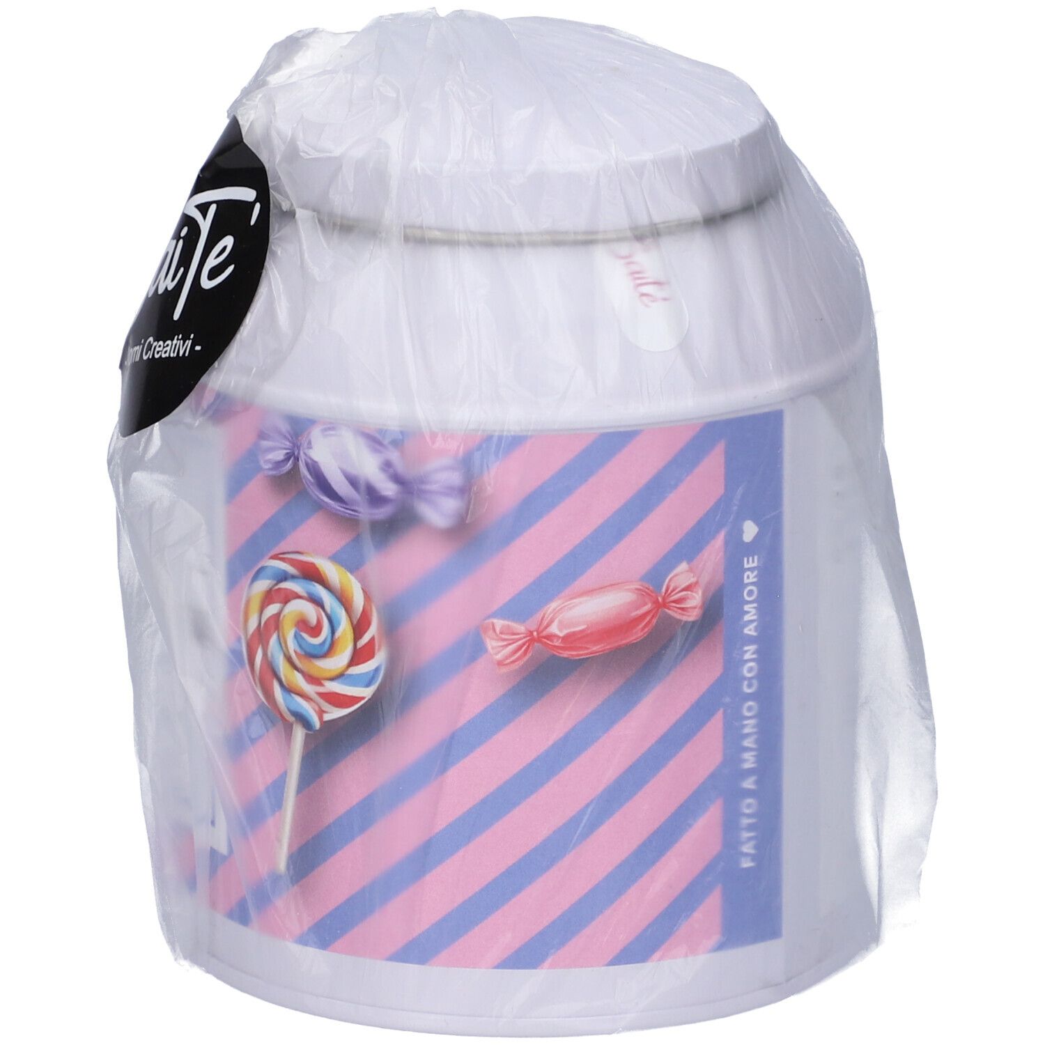 Lattina bianca a strisce rosa-blu con motivi di caramelle, marca Saite.