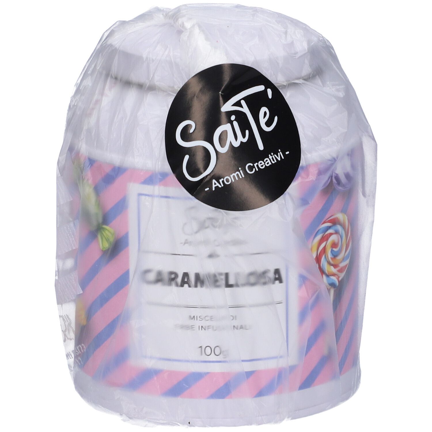Lattina bianca a strisce rosa-blu con motivi di caramelle, marca Saite.