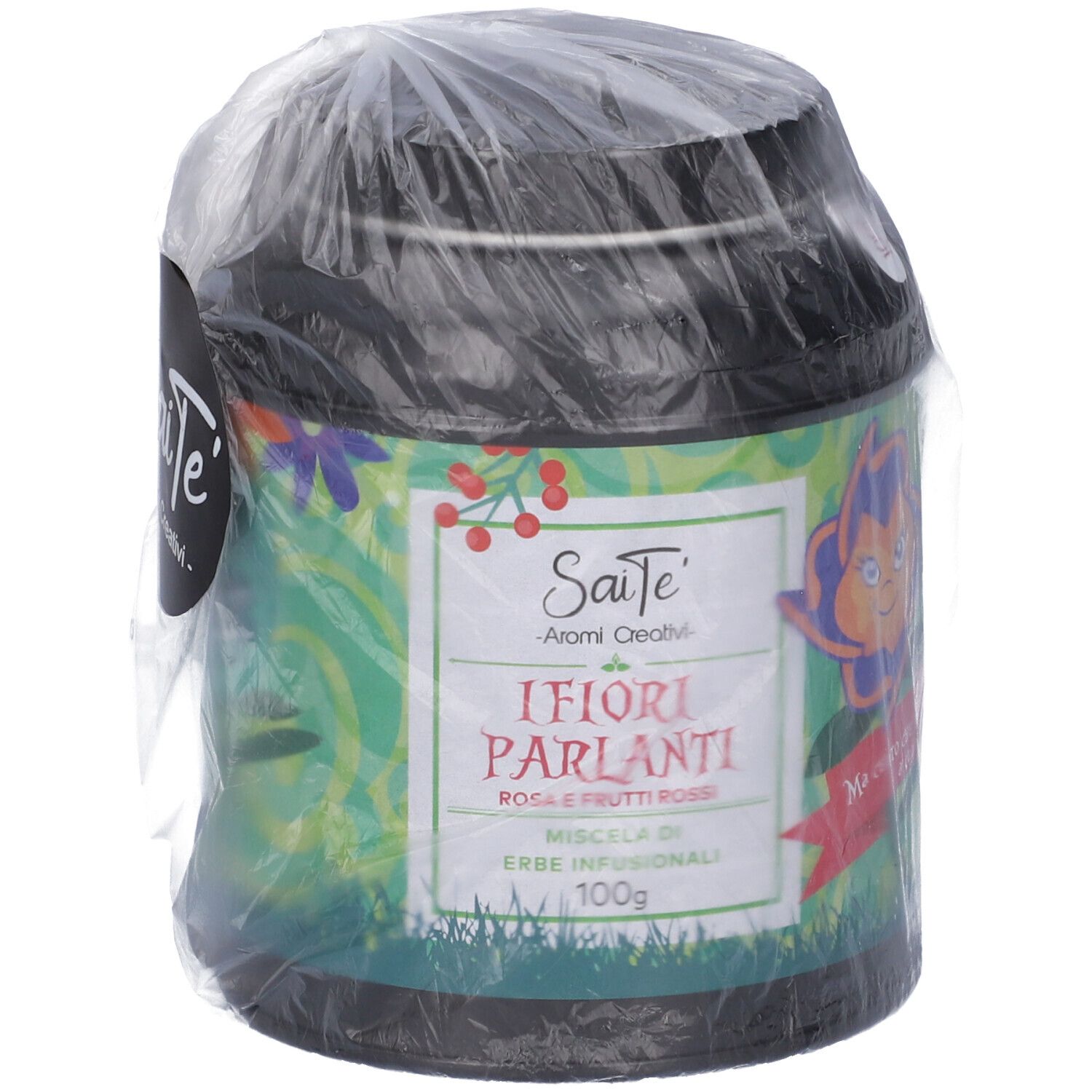 Tisane SaiTe "I Fiori Parlanti" in barattolo rotondo, 100g, con fiori.